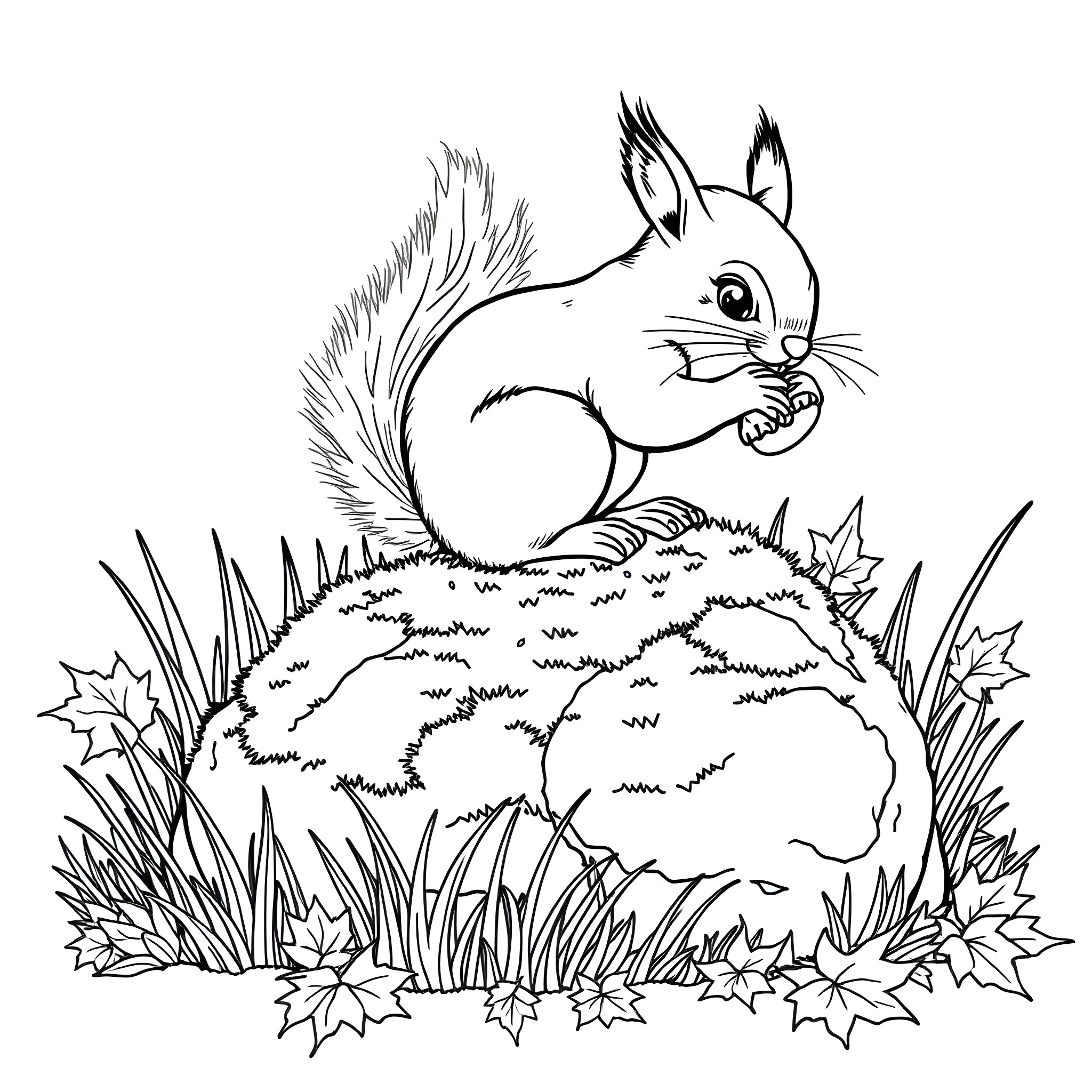 Squirrel snuggling in its cozy nest Coloring Page (free black-and-white line drawing printable PDF for all, from beginners to advanced learners, including children, teens, adults, and seniors)