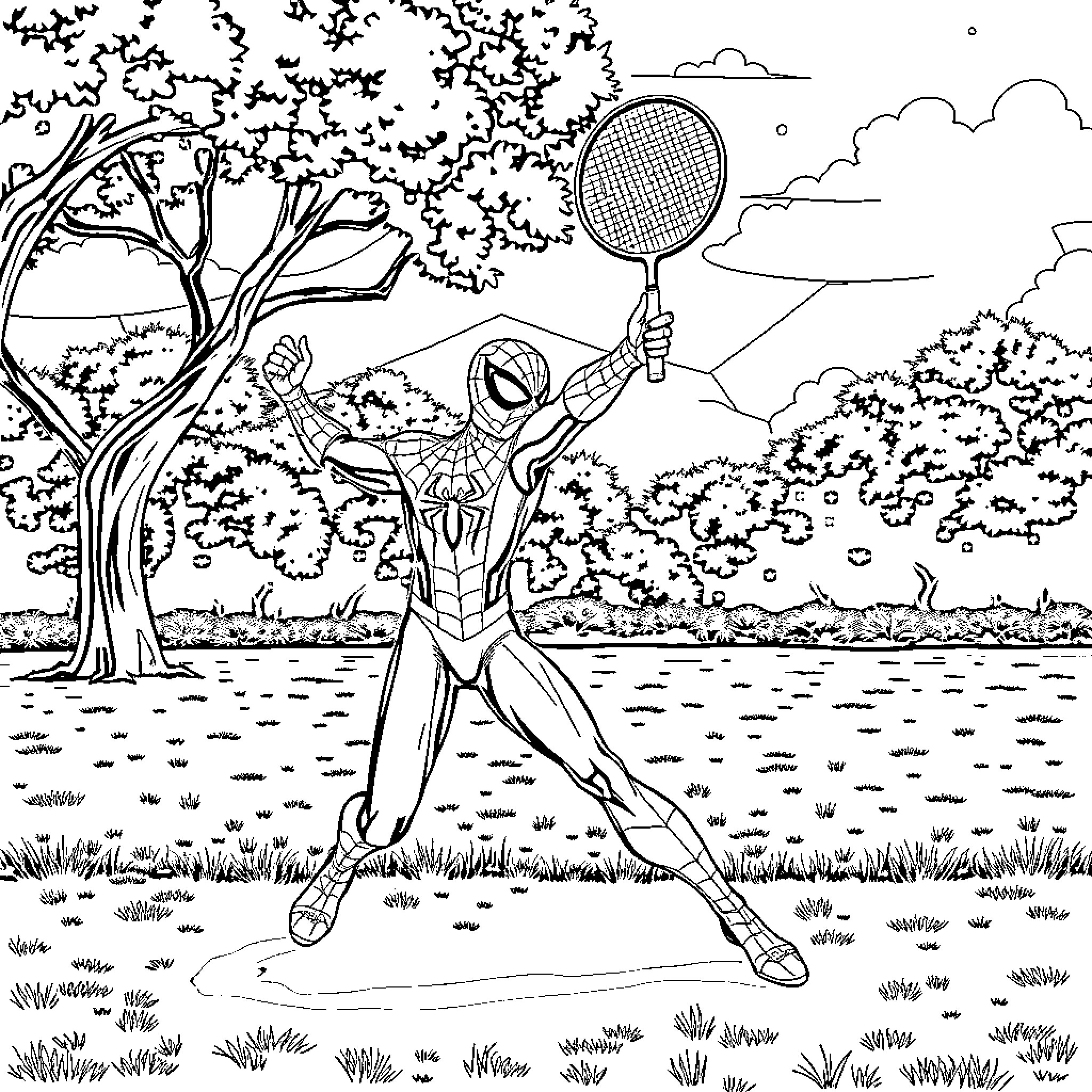 Spiderman swinging and playing tennis in the park Coloring Page (free black-and-white line drawing printable PDF for all, from beginners to advanced learners, including children, teens, adults, and seniors)