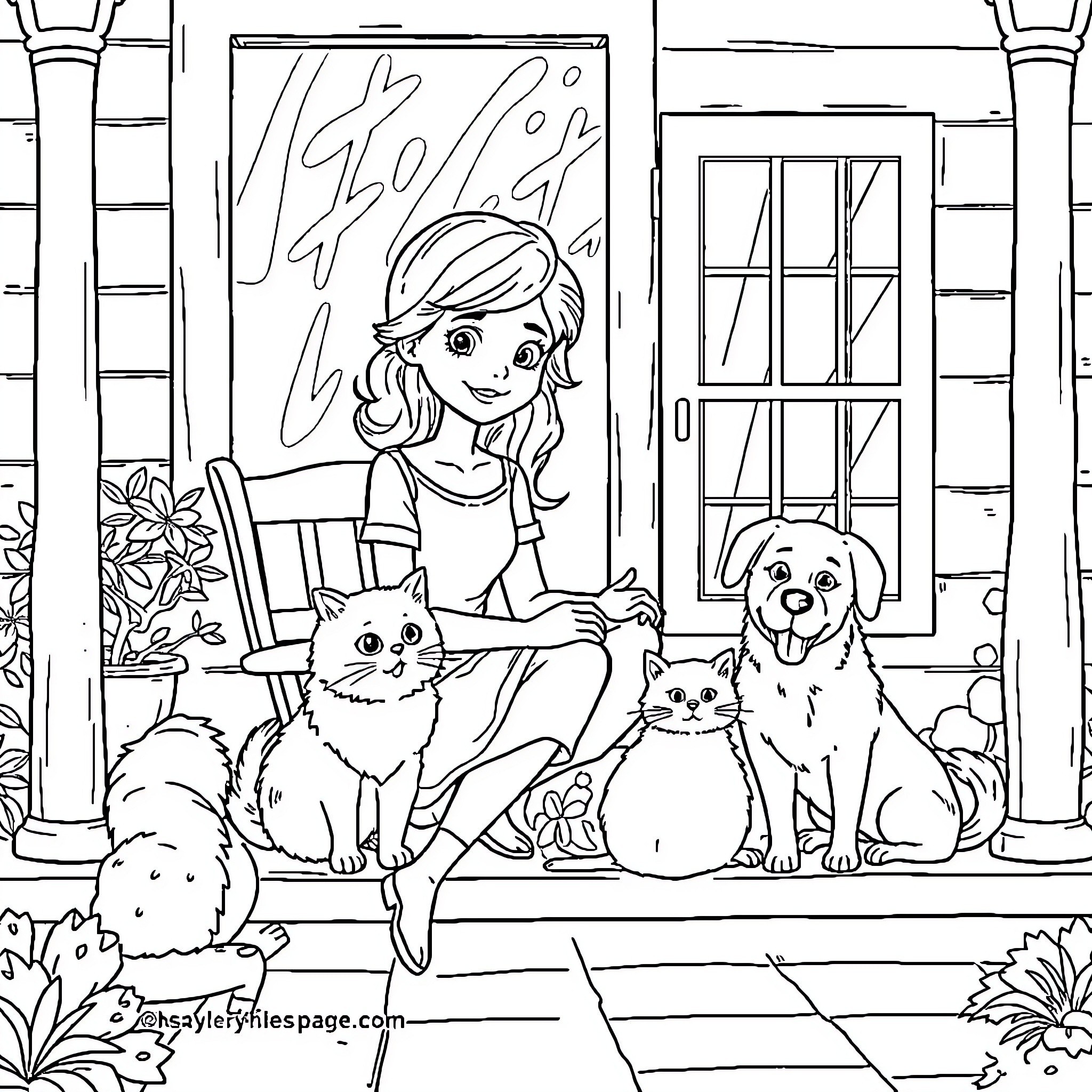 Jolina's Playful Day with Pets Coloring Page (free black-and-white line drawing printable PDF for all, from beginners to advanced learners, including children, teens, adults, and seniors)