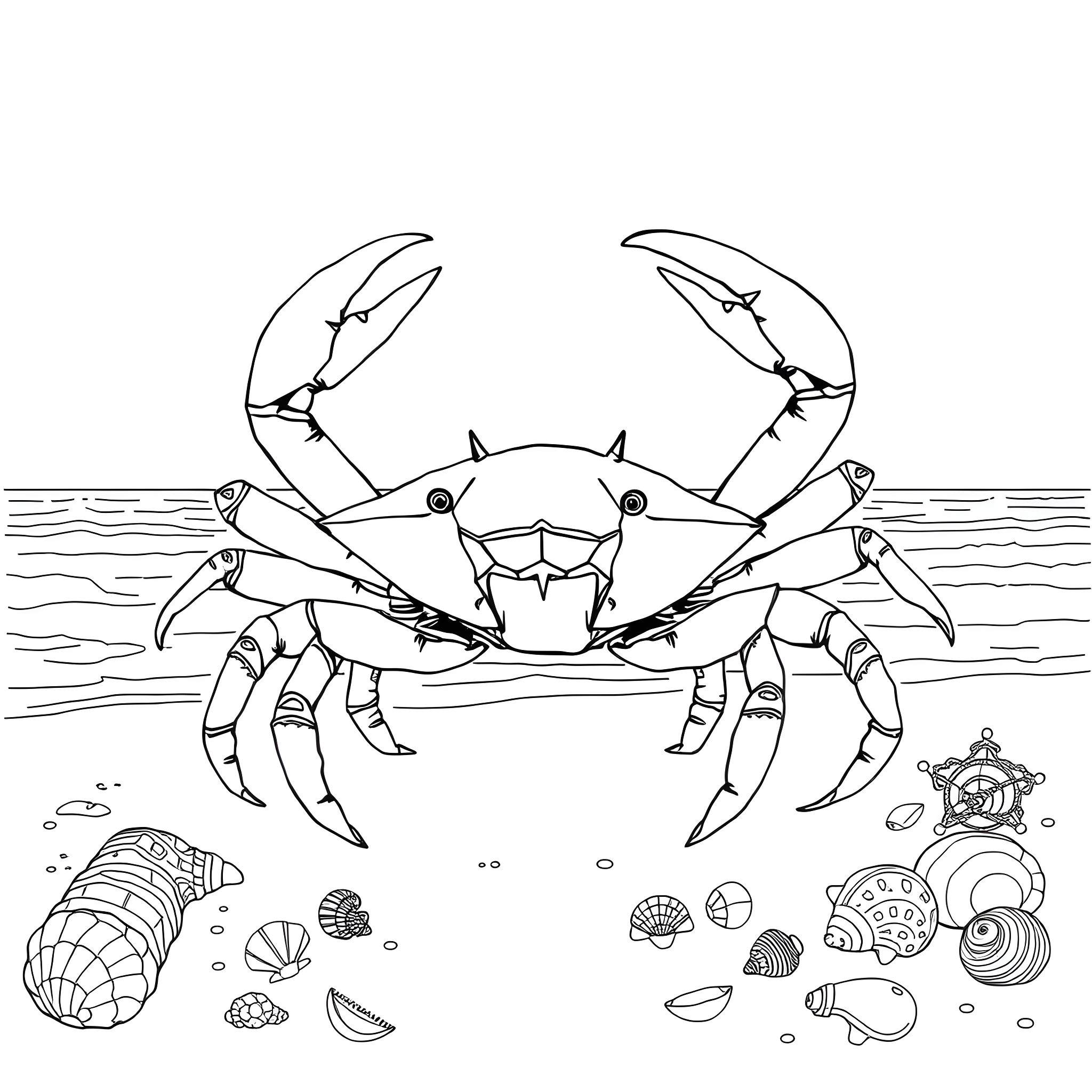 King Crab scuttling on the seafloor amidst shells and seabed Coloring Page (free black-and-white line drawing printable PDF for all, from beginners to advanced learners, including children, teens, adults, and seniors)