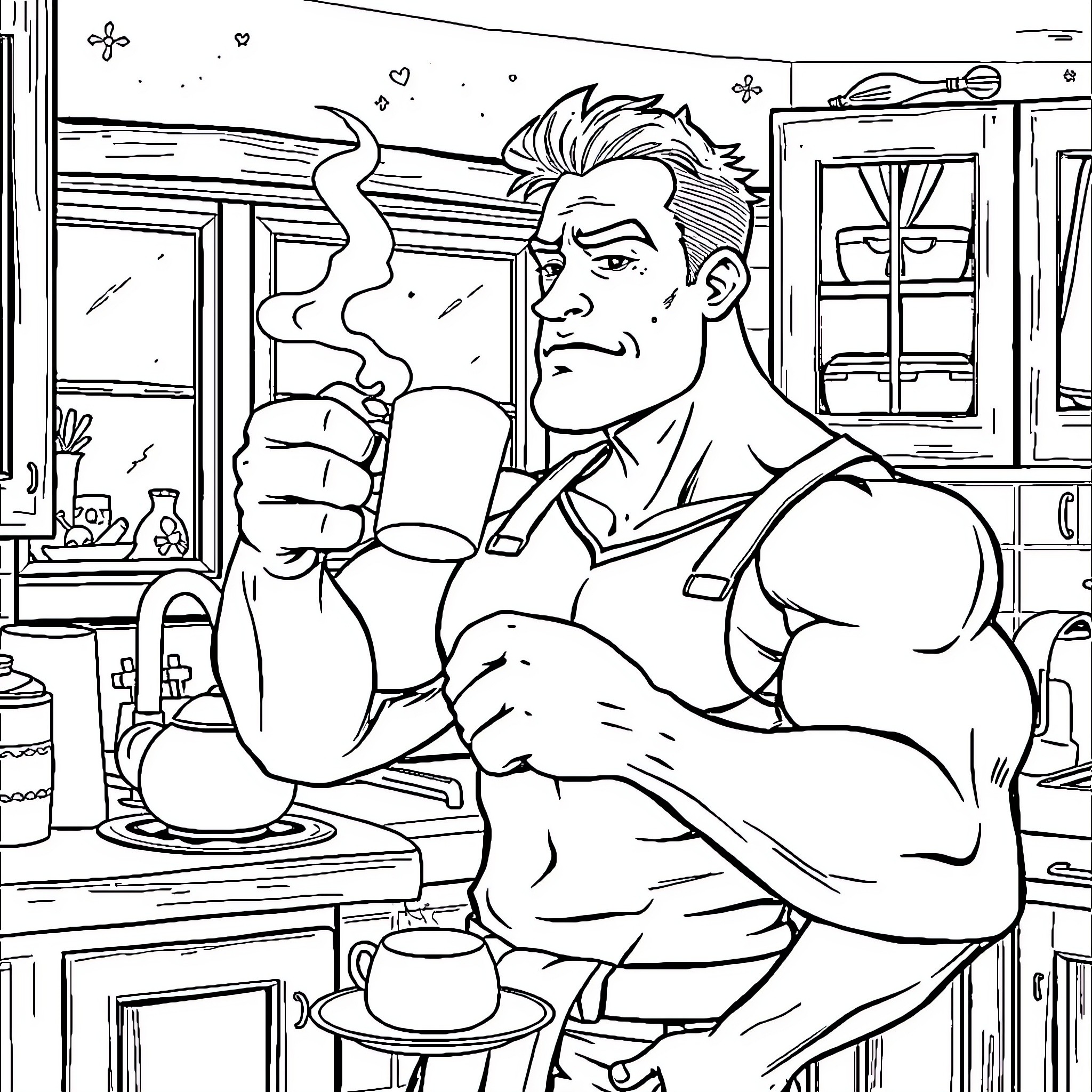 Muscle Man showing off his strength and power Coloring Page (free black-and-white line drawing printable PDF for all, from beginners to advanced learners, including children, teens, adults, and seniors)