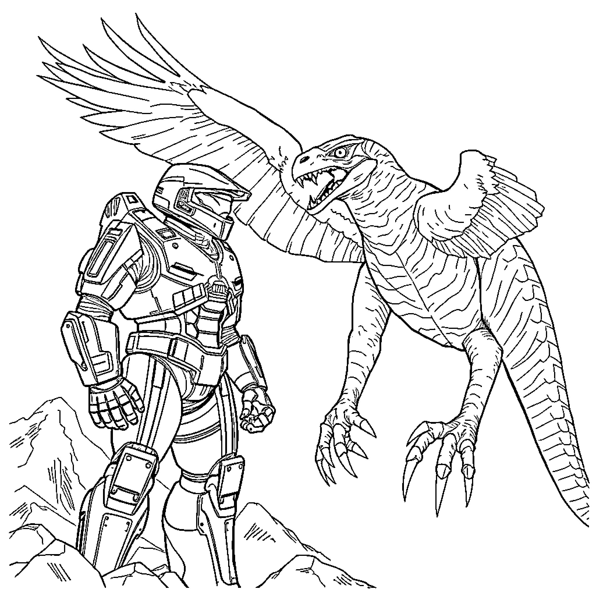 Master Chief confronting a fierce alien creature Coloring Page (free black-and-white line drawing printable PDF for all, from beginners to advanced learners, including children, teens, adults, and seniors)