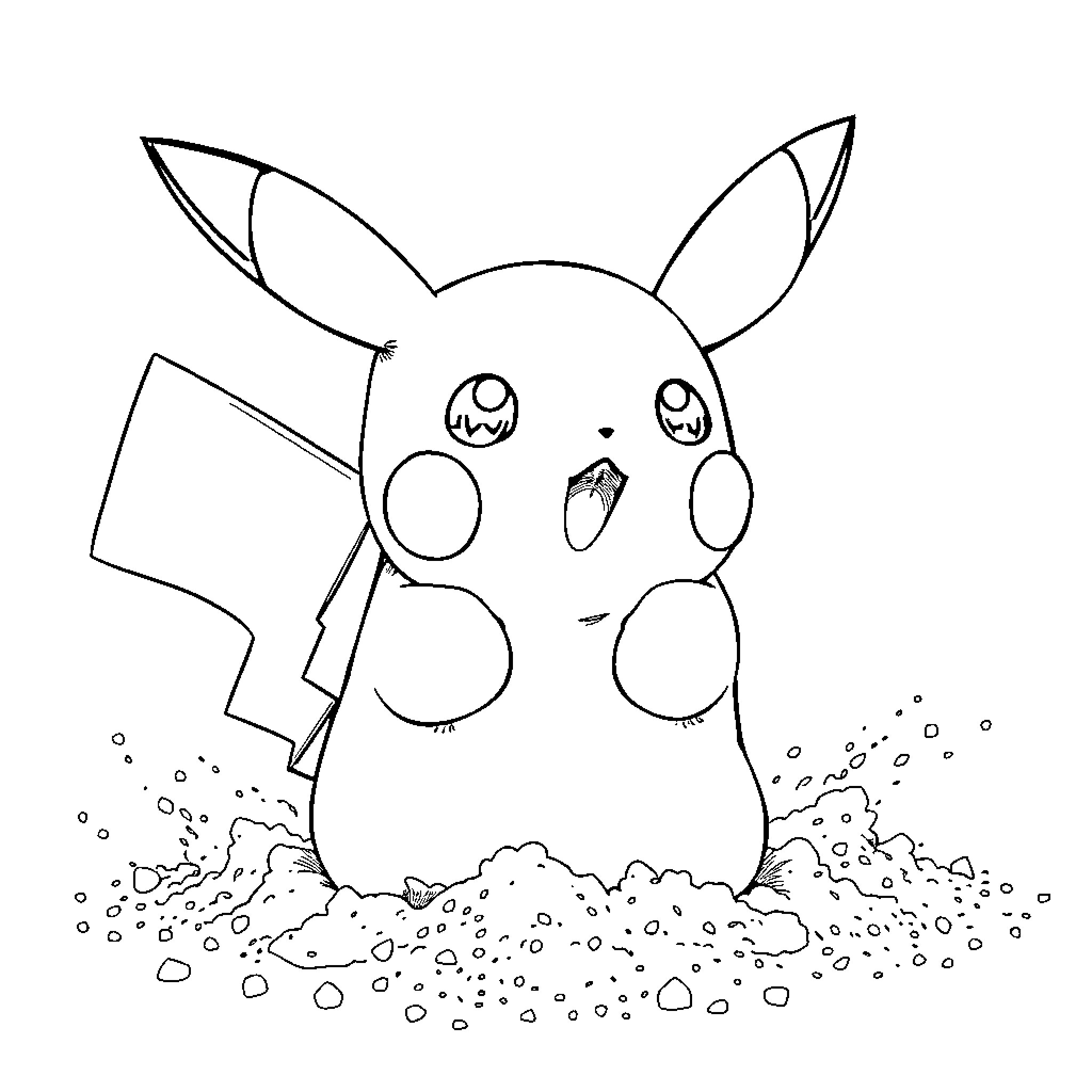 Pikachu expressing surprise in a sketch-like scene Coloring Page (free black-and-white line drawing printable PDF for all, from beginners to advanced learners, including children, teens, adults, and seniors)