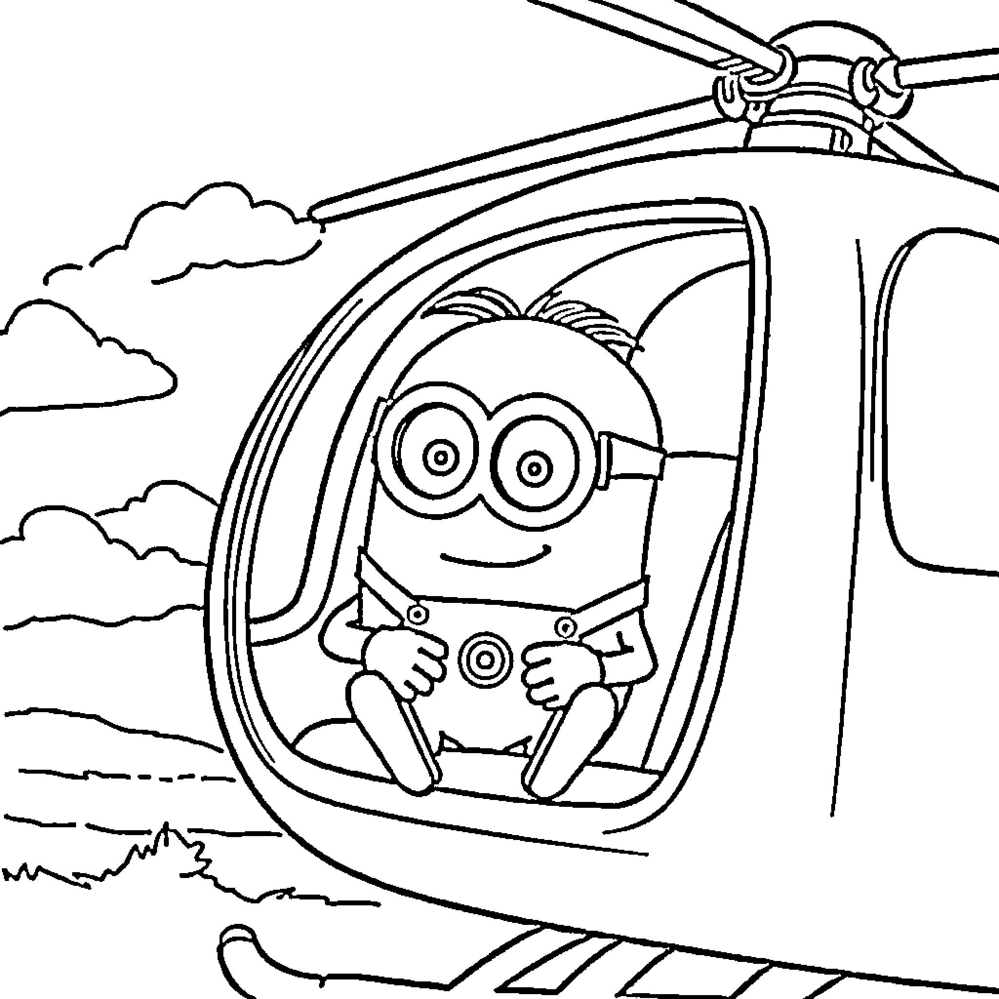 Minion smiling while sitting inside a helicopter Coloring Page (free black-and-white line drawing printable PDF for all, from beginners to advanced learners, including children, teens, adults, and seniors)