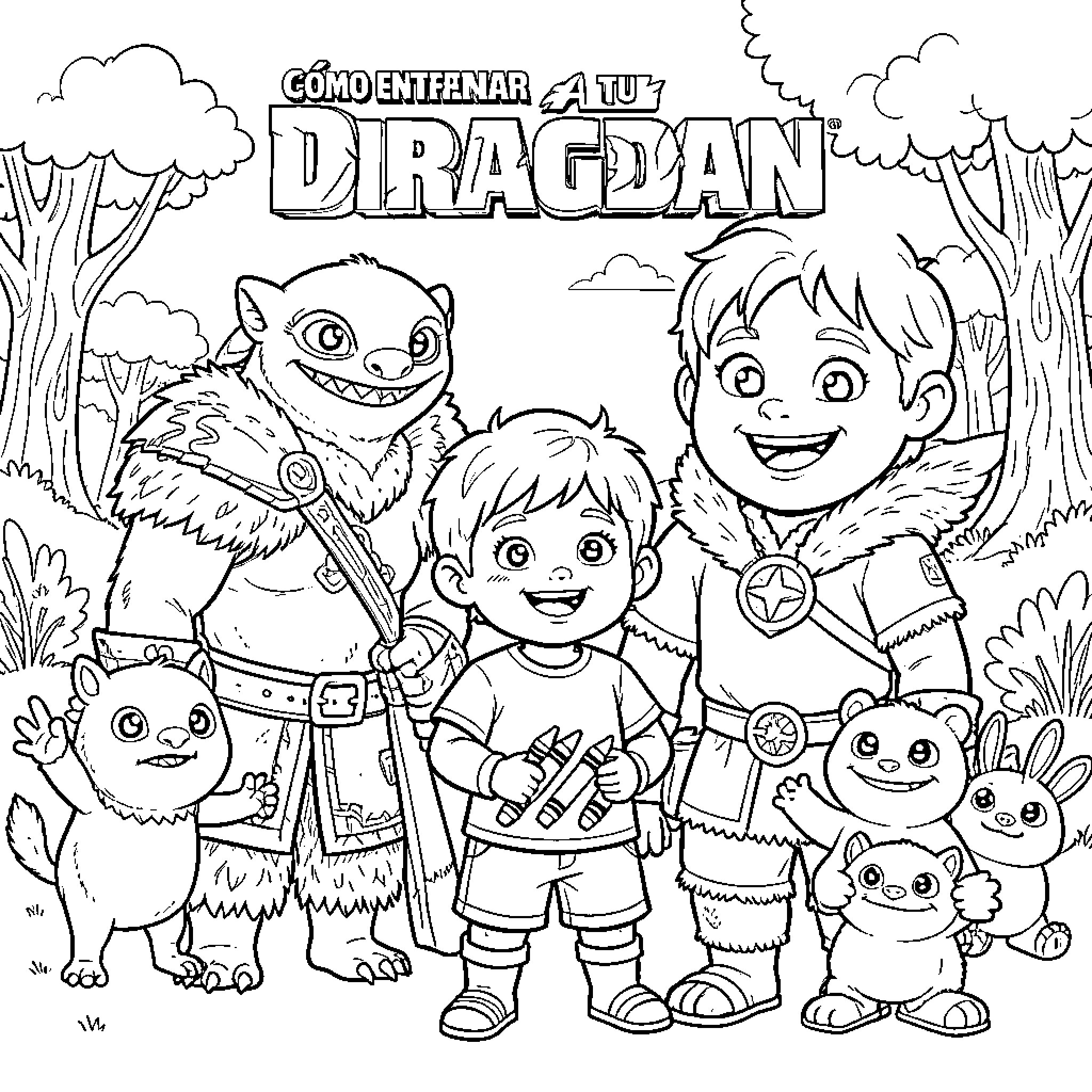 Dragon friends explore the enchanted forest Coloring Page (free black-and-white line drawing printable PDF for all, from beginners to advanced learners, including children, teens, adults, and seniors)