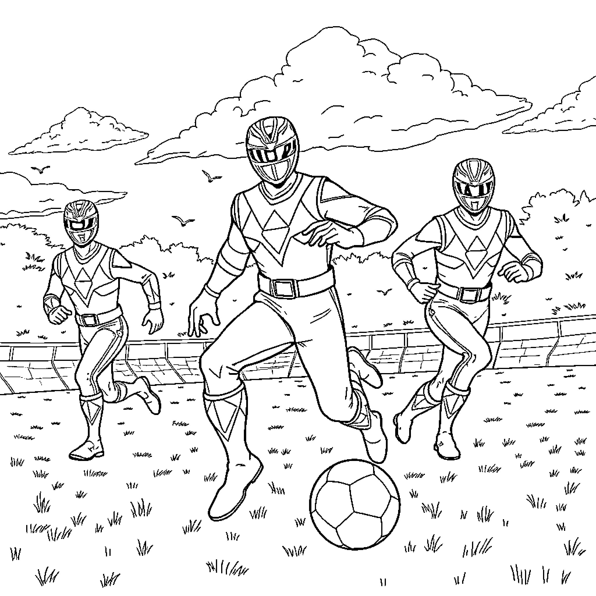 Power Rangers Kicking a Soccer Ball on the Field Coloring Page (free black-and-white line drawing printable PDF for all, from beginners to advanced learners, including children, teens, adults, and seniors)