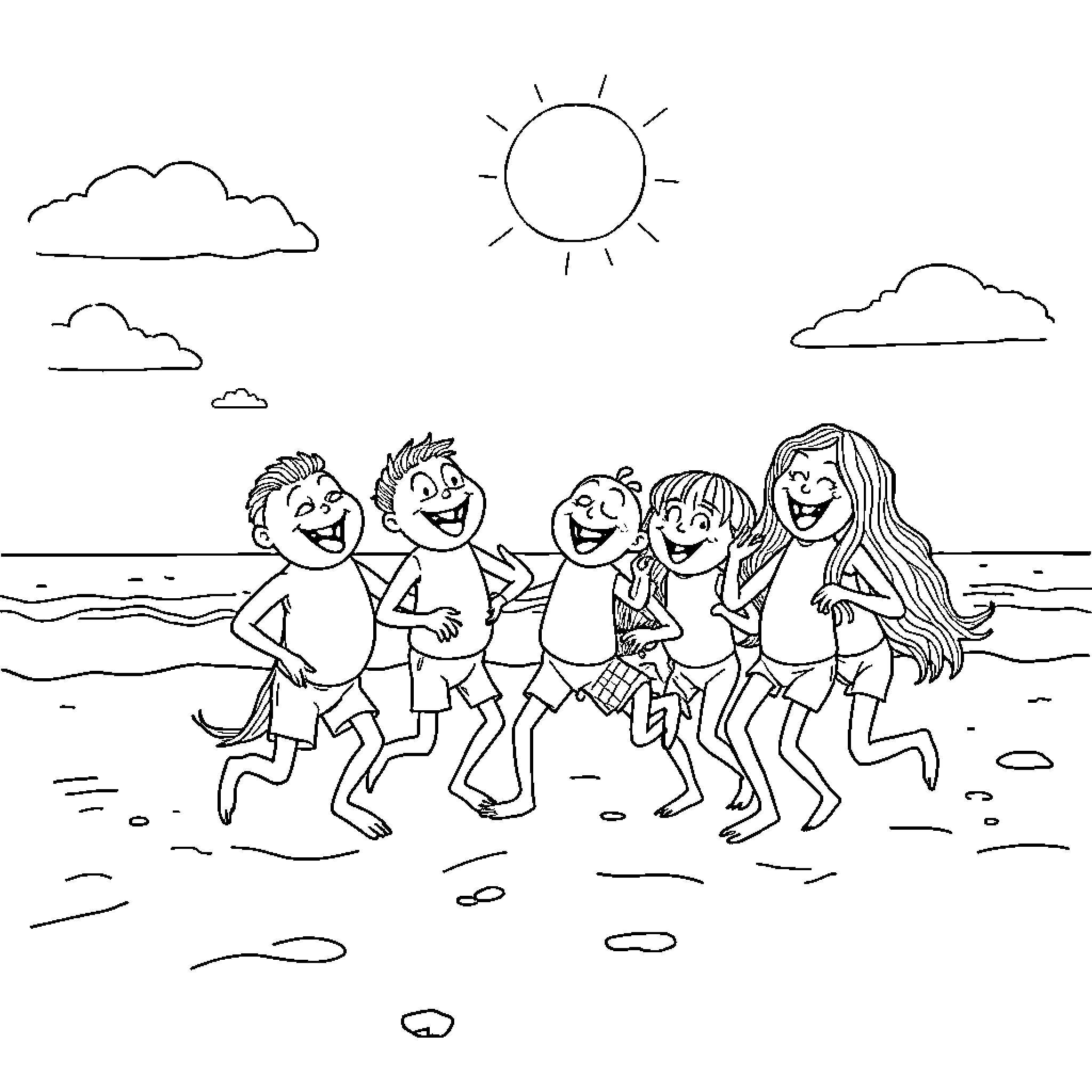Brainrot Beachgoers Frolicking Under the Sun Coloring Page (free black-and-white line drawing printable PDF for all, from beginners to advanced learners, including children, teens, adults, and seniors)