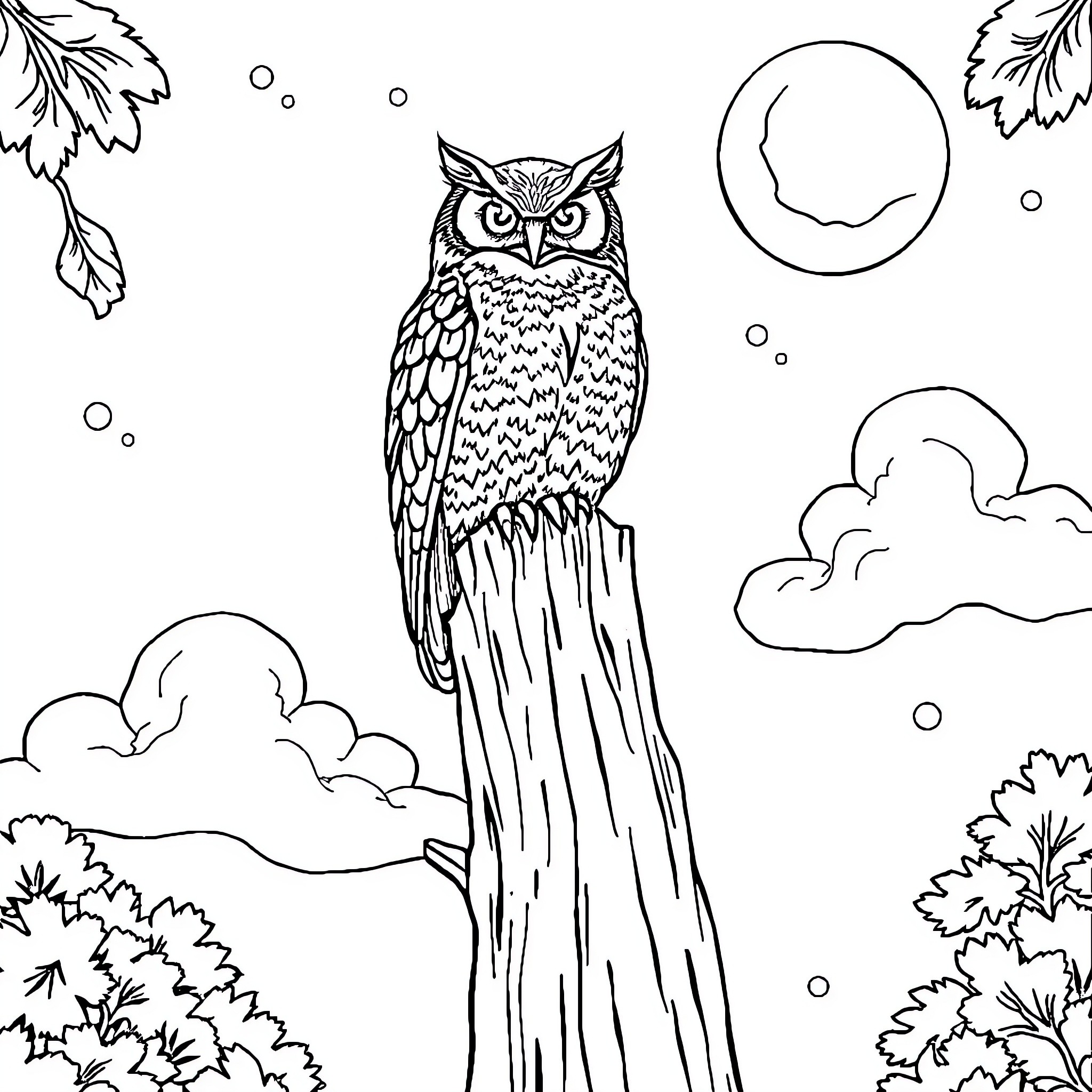 Owl perched on a branch in a nighttime landscape Coloring Page (free black-and-white line drawing printable PDF for all, from beginners to advanced learners, including children, teens, adults, and seniors)