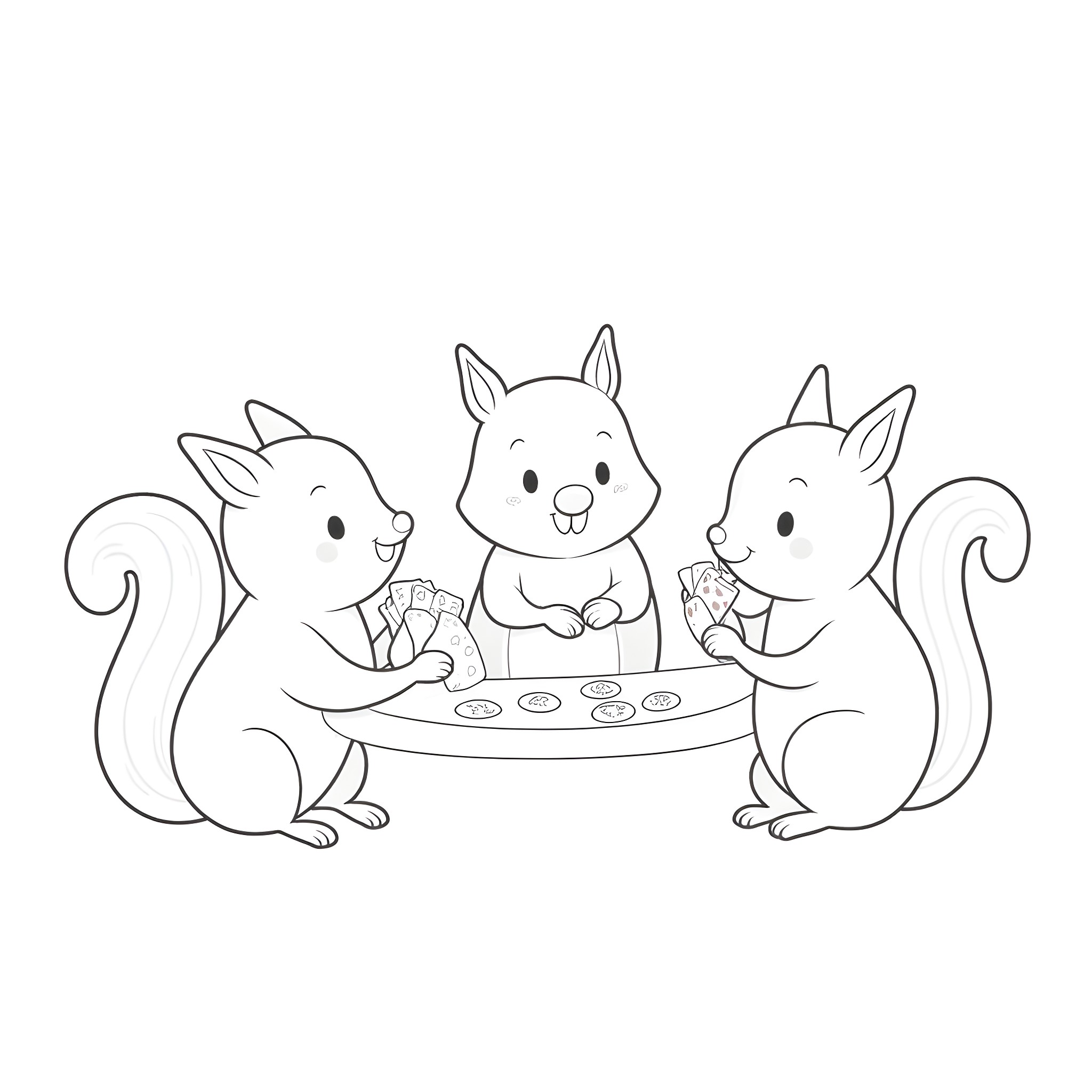 Squirrels enjoying a tea party Coloring Page (free black-and-white line drawing printable PDF for all, from beginners to advanced learners, including children, teens, adults, and seniors)