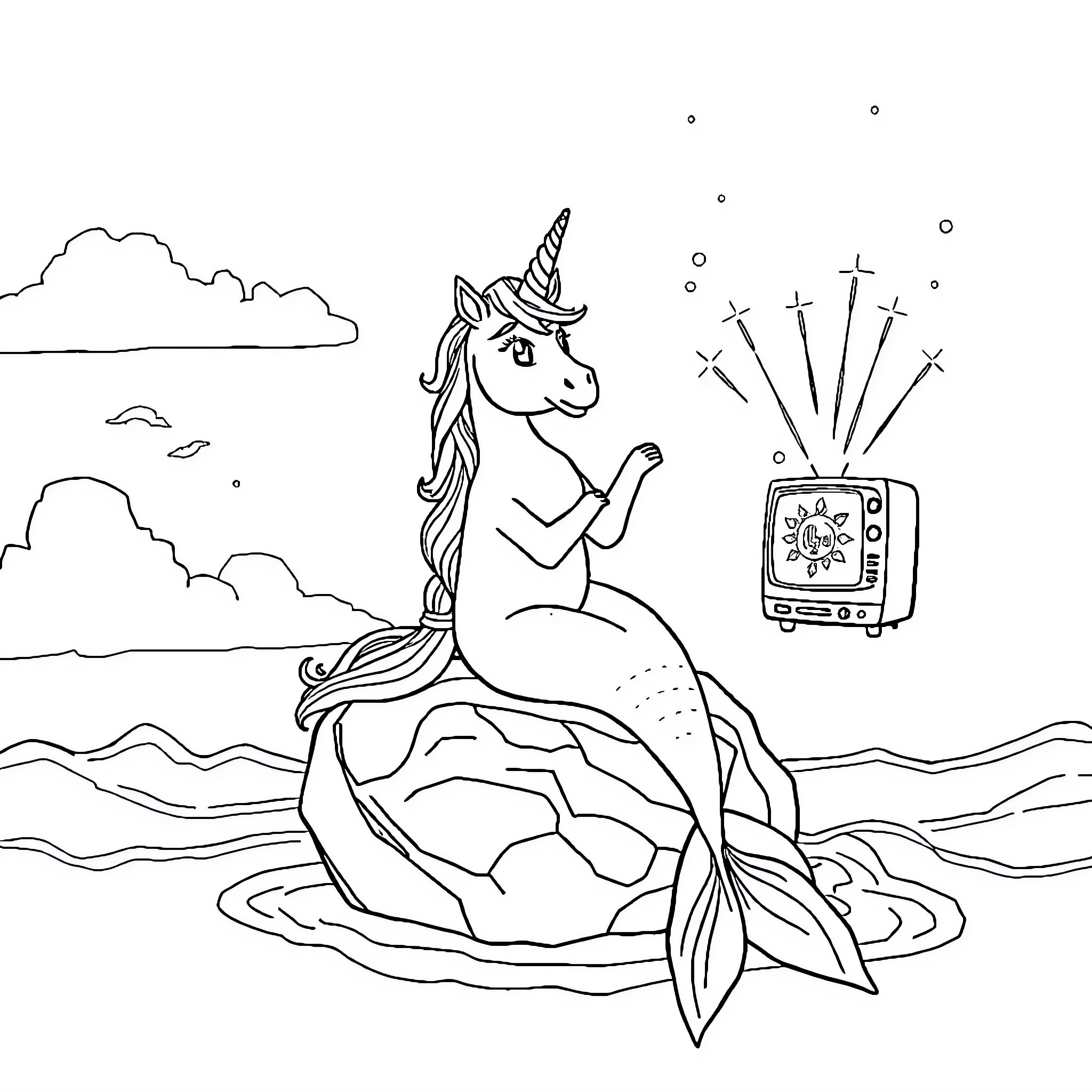 Unicorn mermaid watching fireworks on TV Coloring Page (free black-and-white line drawing printable PDF for all, from beginners to advanced learners, including children, teens, adults, and seniors)