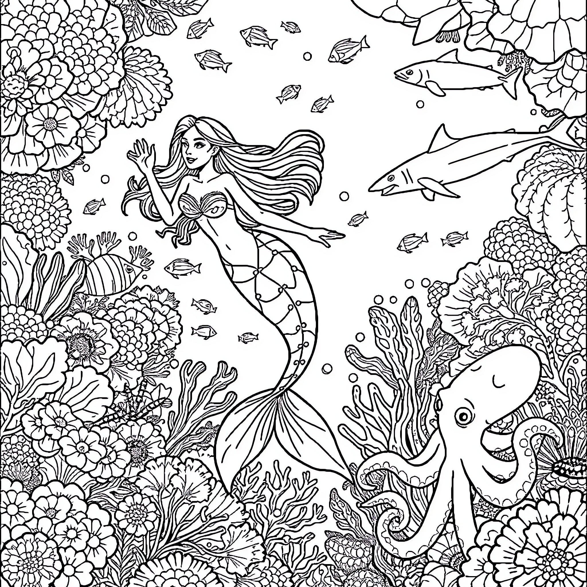 Mermaid exploring the vibrant underwater world Coloring Page (free black-and-white line drawing printable PDF for all, from beginners to advanced learners, including children, teens, adults, and seniors)