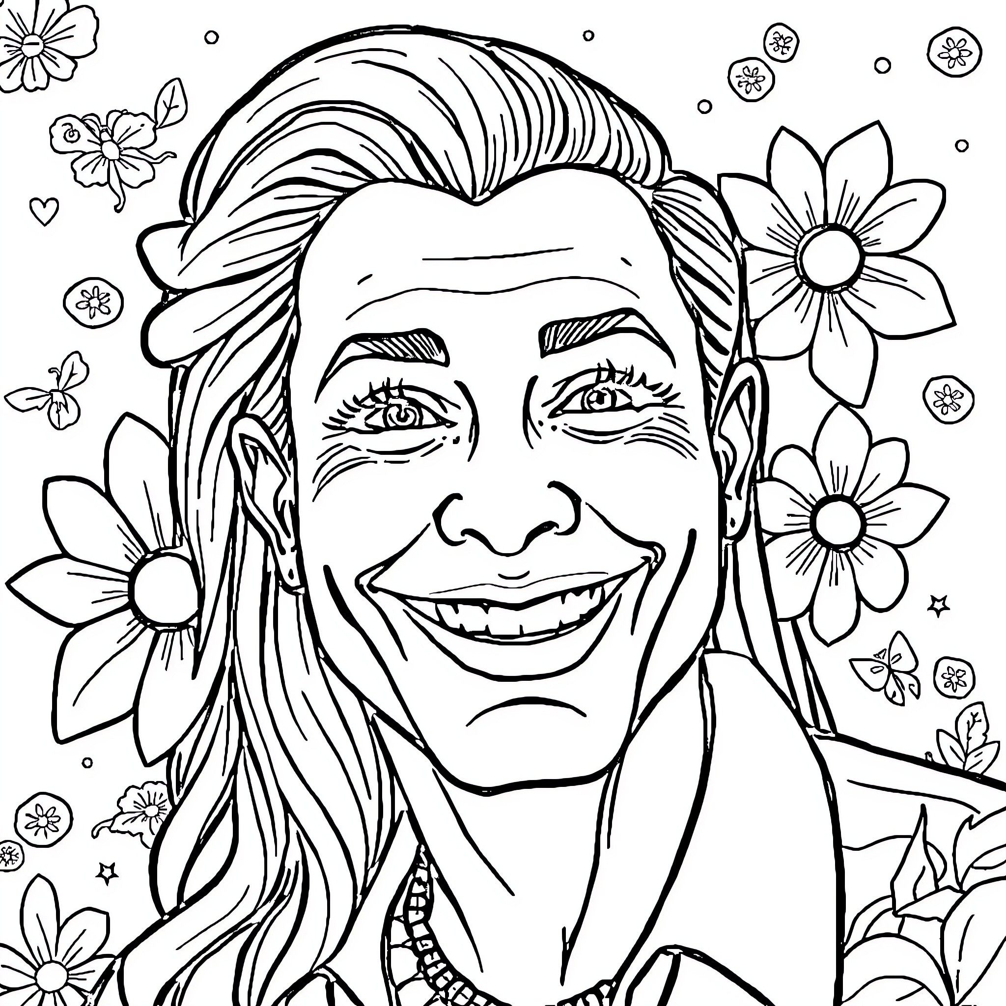 Clown with floral expressions Coloring Page (free black-and-white line drawing printable PDF for all, from beginners to advanced learners, including children, teens, adults, and seniors)