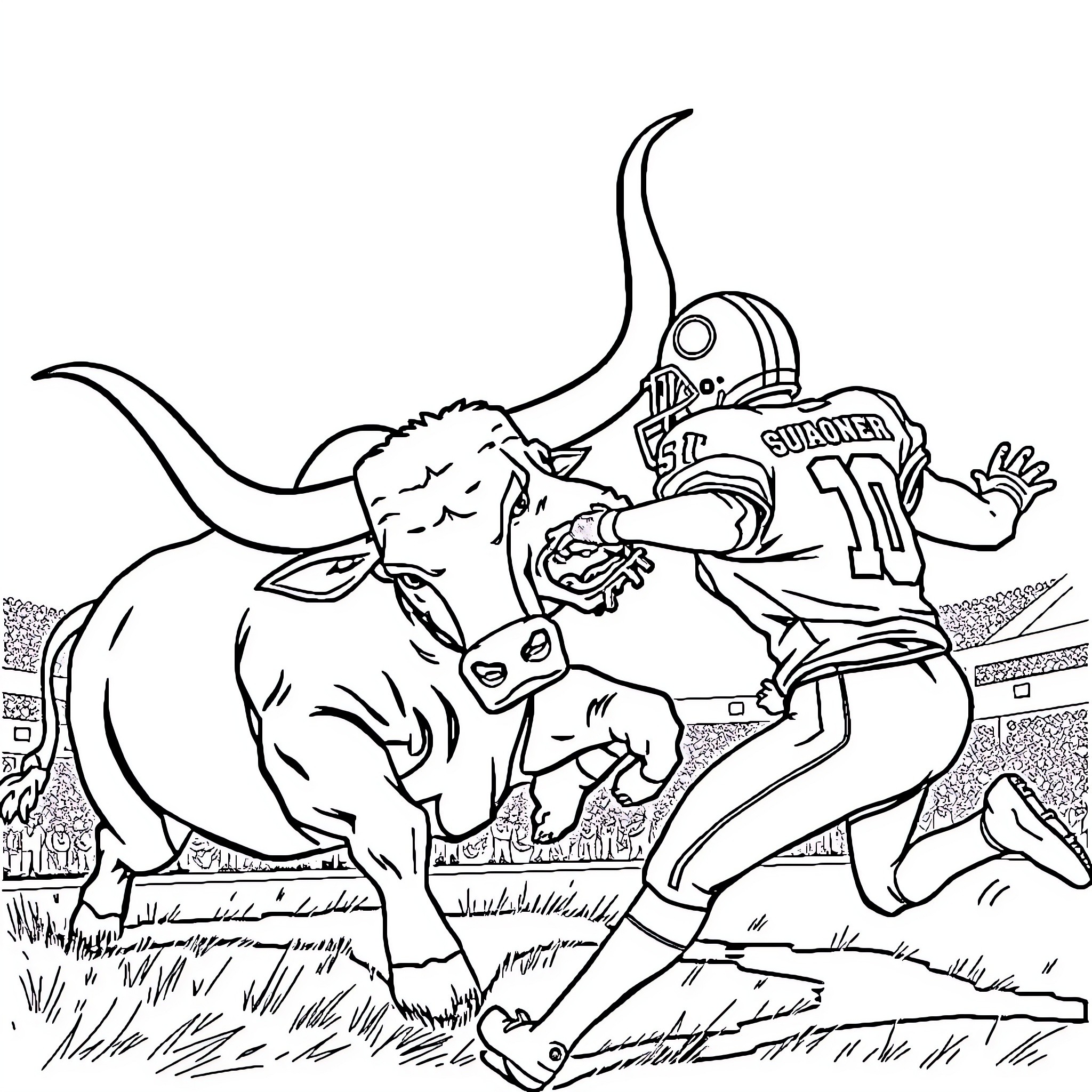 Texas Longhorn rampaging against football player Coloring Page (free black-and-white line drawing printable PDF for all, from beginners to advanced learners, including children, teens, adults, and seniors)