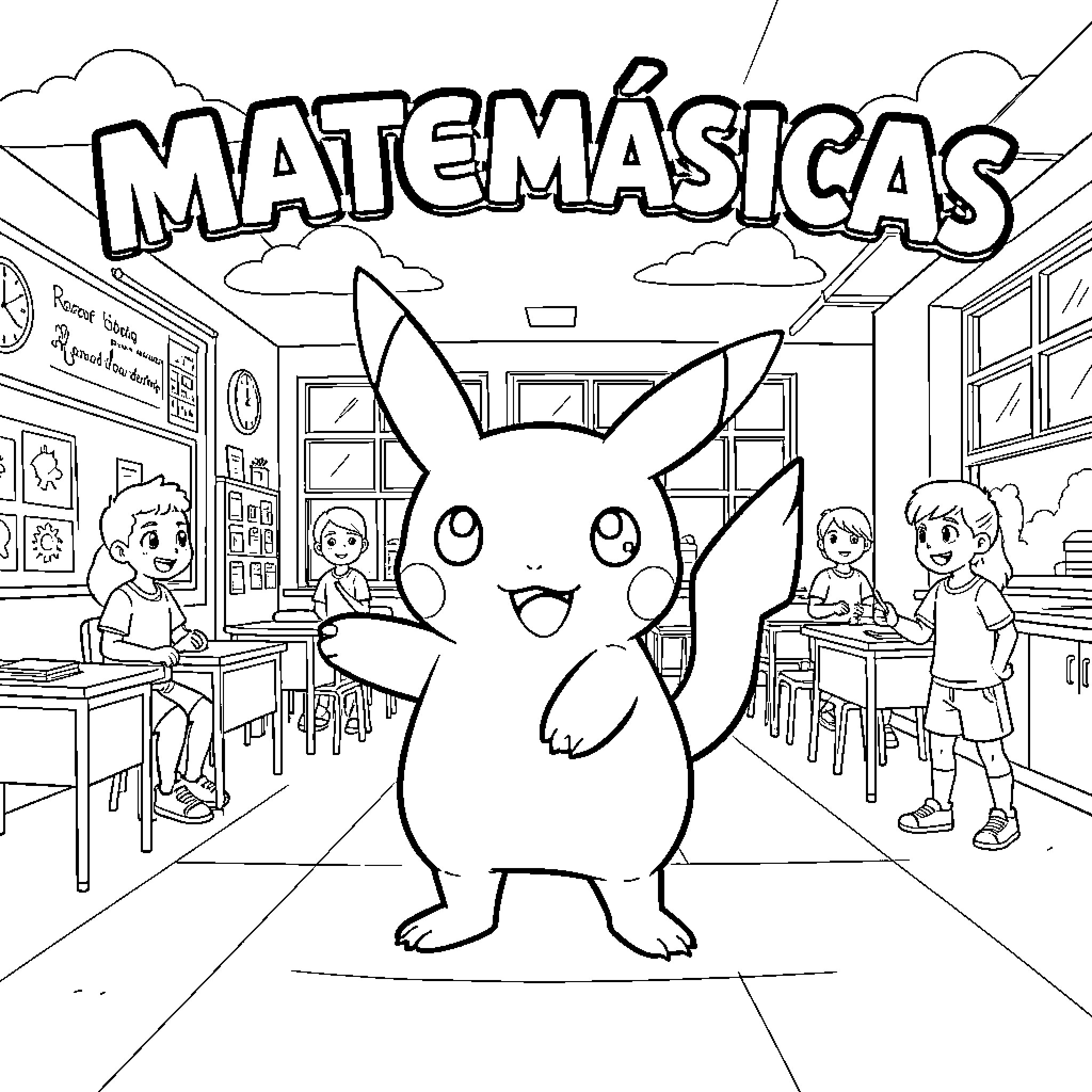 Pokémon Pikachu standing in a classroom with happy students Coloring Page (free black-and-white line drawing printable PDF for all, from beginners to advanced learners, including children, teens, adults, and seniors)