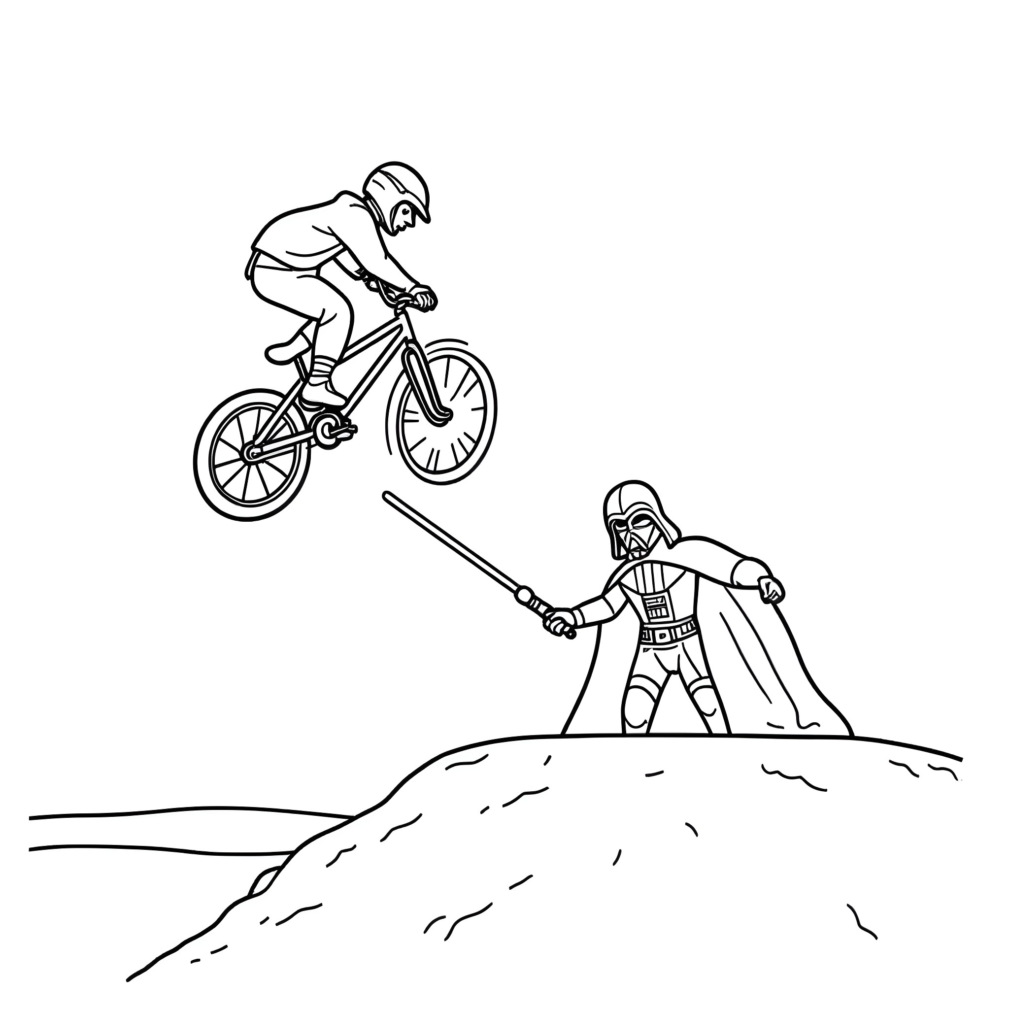 BMX Bike Stunts and Galactic Exploration Coloring Page (free black-and-white line drawing printable PDF for all, from beginners to advanced learners, including children, teens, adults, and seniors)