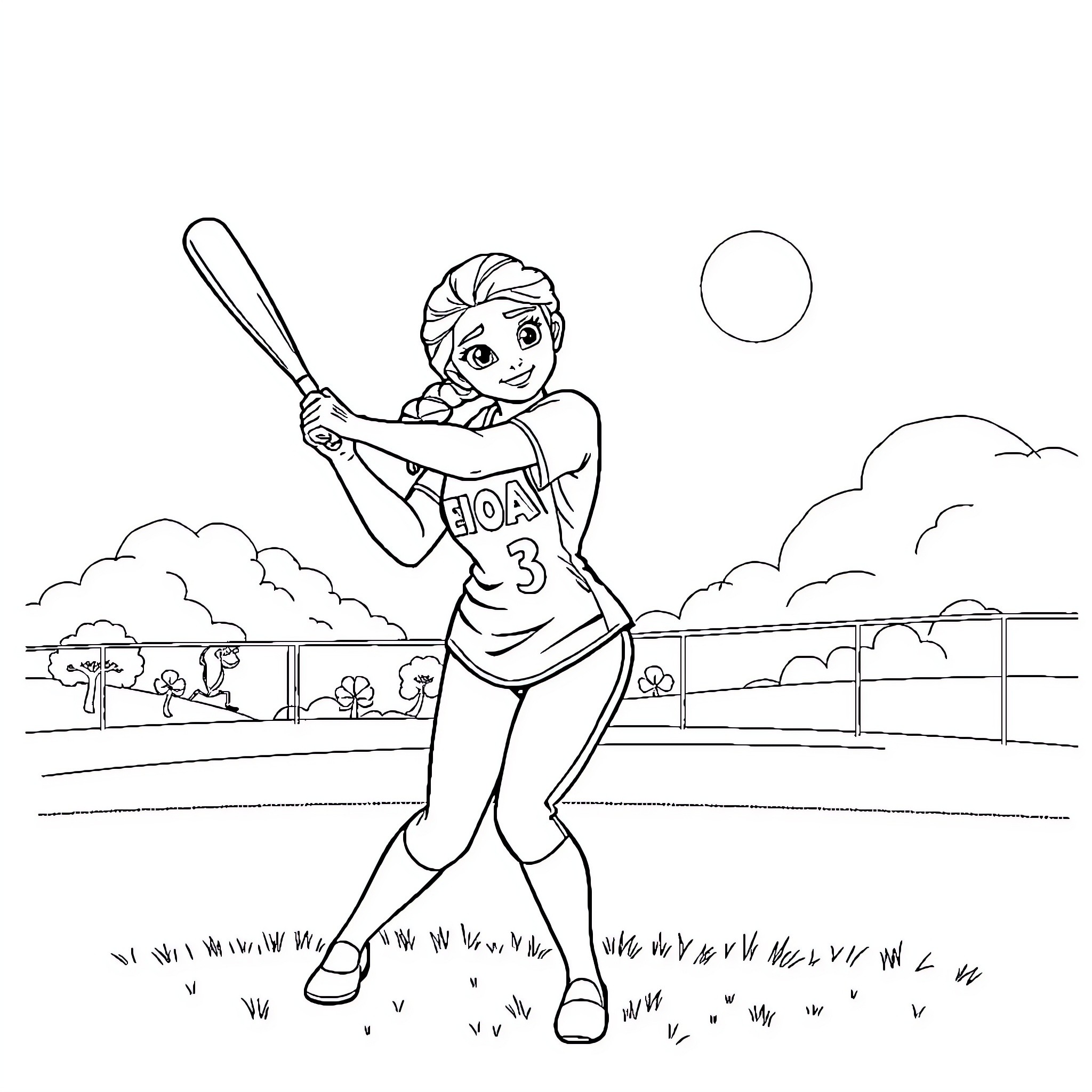 Elsa playing softball on the field Coloring Page (free black-and-white line drawing printable PDF for all, from beginners to advanced learners, including children, teens, adults, and seniors)
