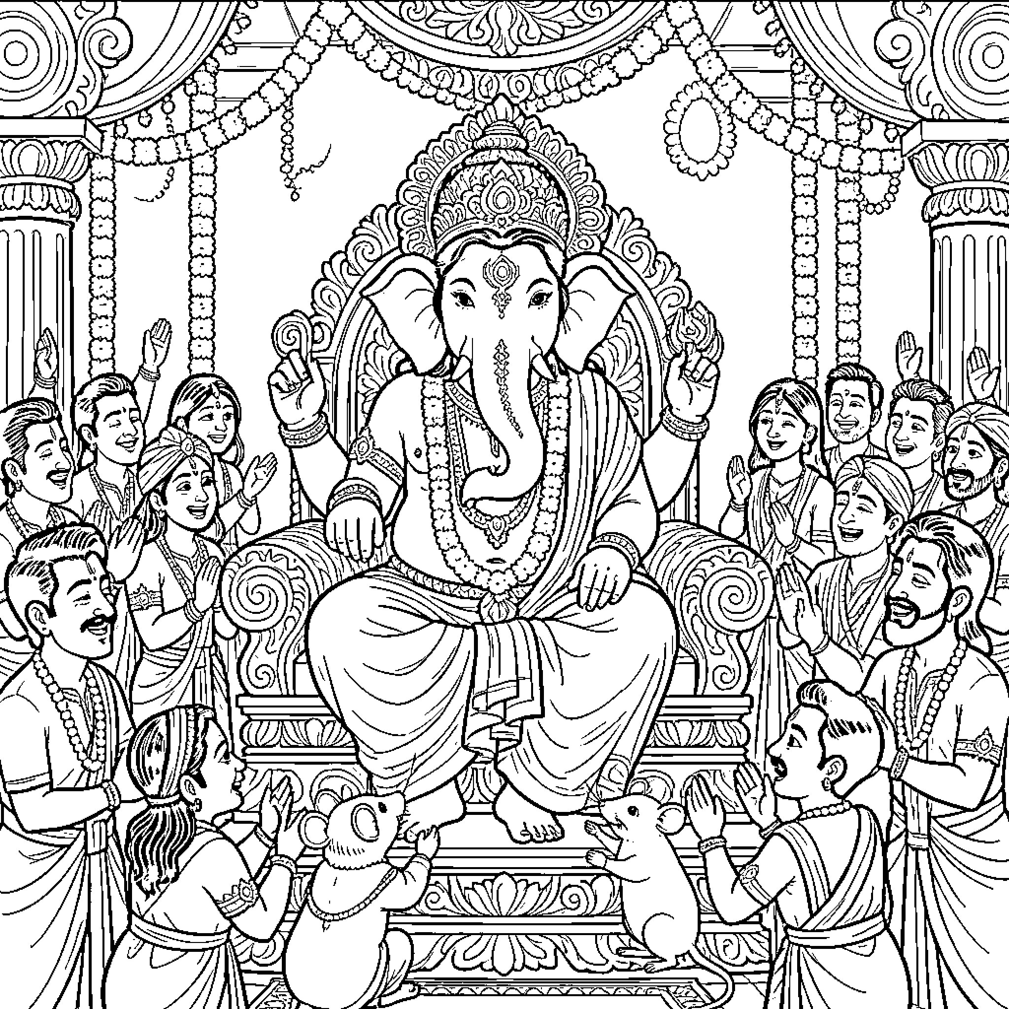 Ganpati seated on a throne surrounded by devotees Coloring Page (free black-and-white line drawing printable PDF for all, from beginners to advanced learners, including children, teens, adults, and seniors)