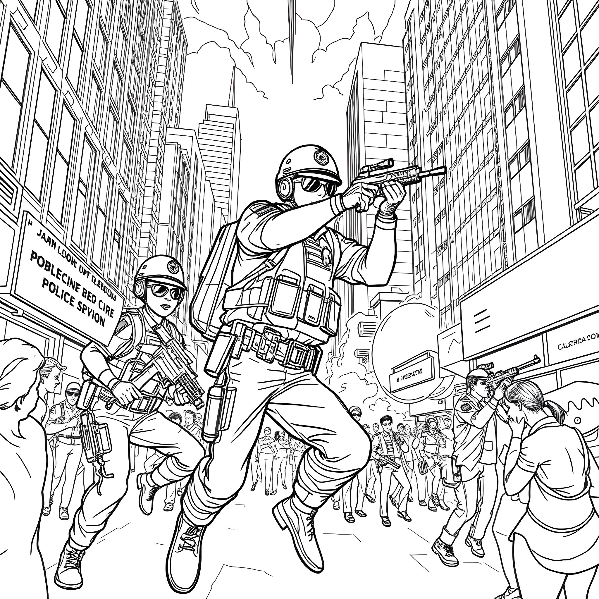 Police Officers Responding to Disturbance in City Coloring Page (free black-and-white line drawing printable PDF for all, from beginners to advanced learners, including children, teens, adults, and seniors)