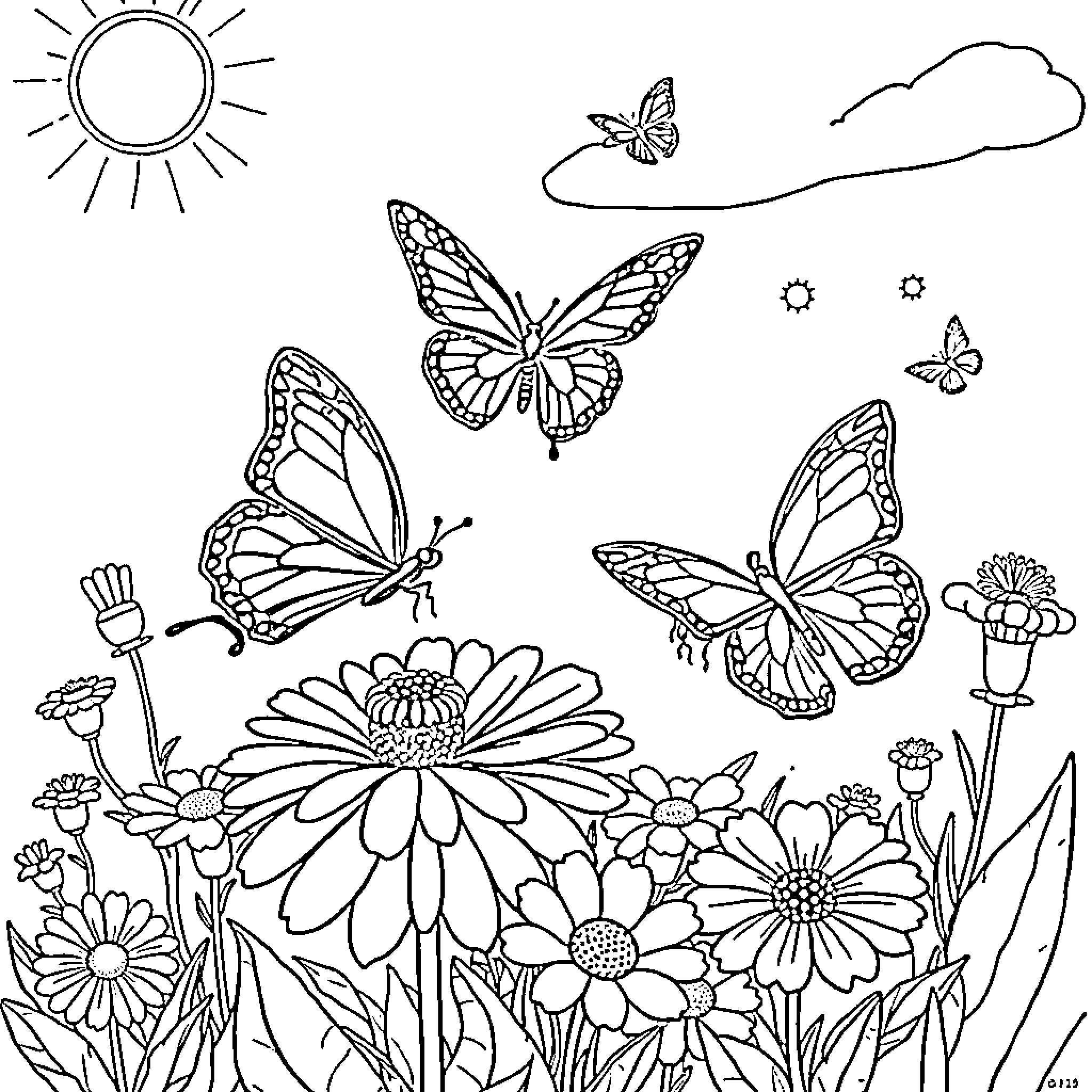 Butterfly garden with vibrant flowers and fluttering butterflies Coloring Page (free black-and-white line drawing printable PDF for all, from beginners to advanced learners, including children, teens, adults, and seniors)