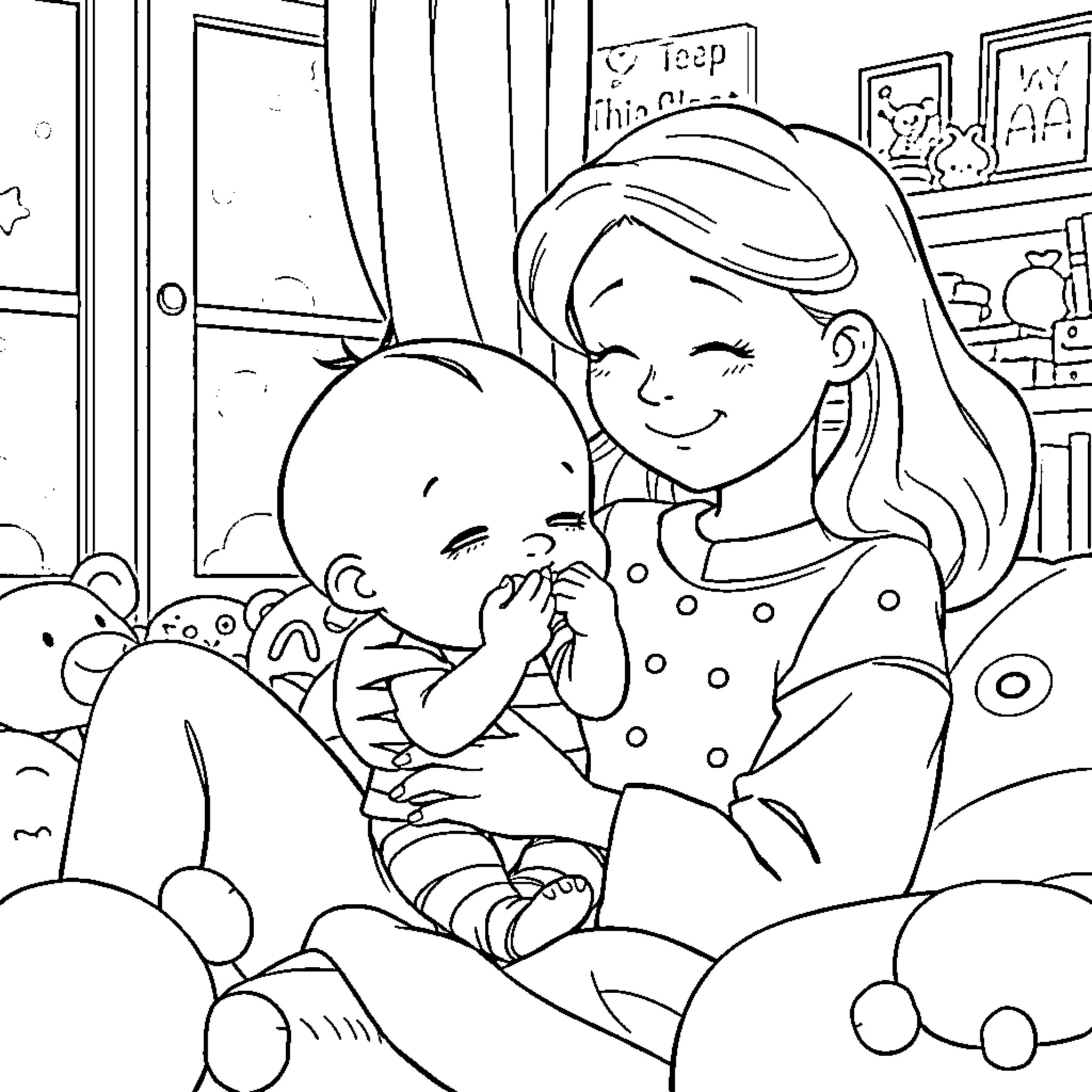 Stewie comforting and caring for a baby Coloring Page (free black-and-white line drawing printable PDF for all, from beginners to advanced learners, including children, teens, adults, and seniors)