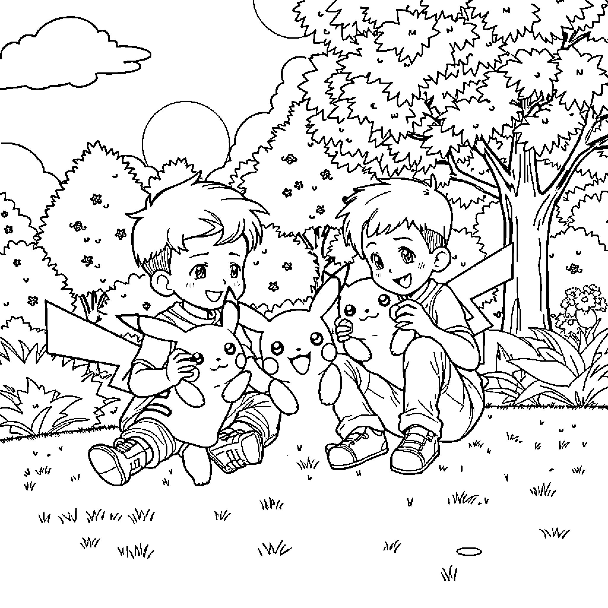 Pikachu's Outdoor Adventure with Friends Coloring Page (free black-and-white line drawing printable PDF for all, from beginners to advanced learners, including children, teens, adults, and seniors)
