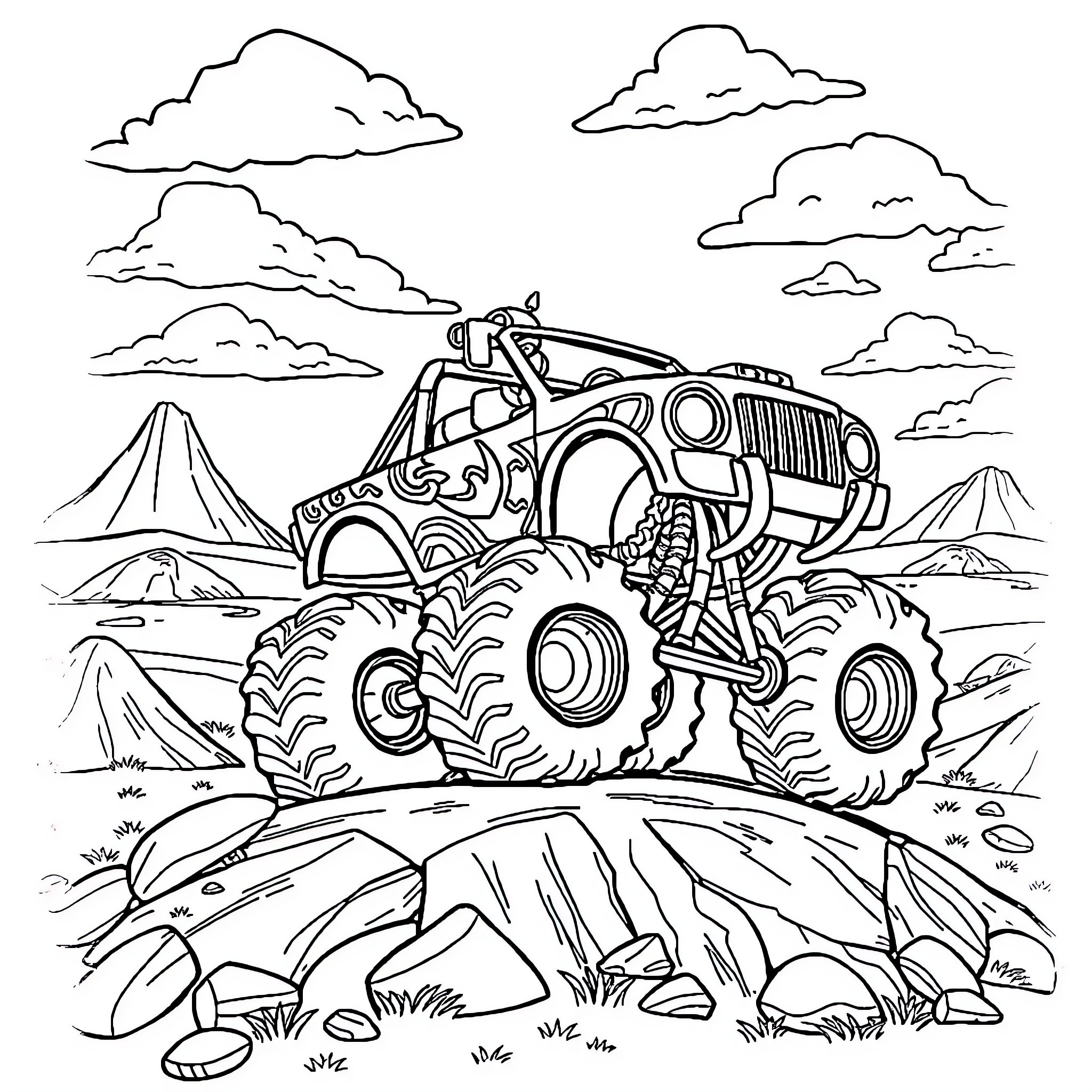 Tchoupi's Mighty Monster Truck Adventure Coloring Page (free black-and-white line drawing printable PDF for all, from beginners to advanced learners, including children, teens, adults, and seniors)
