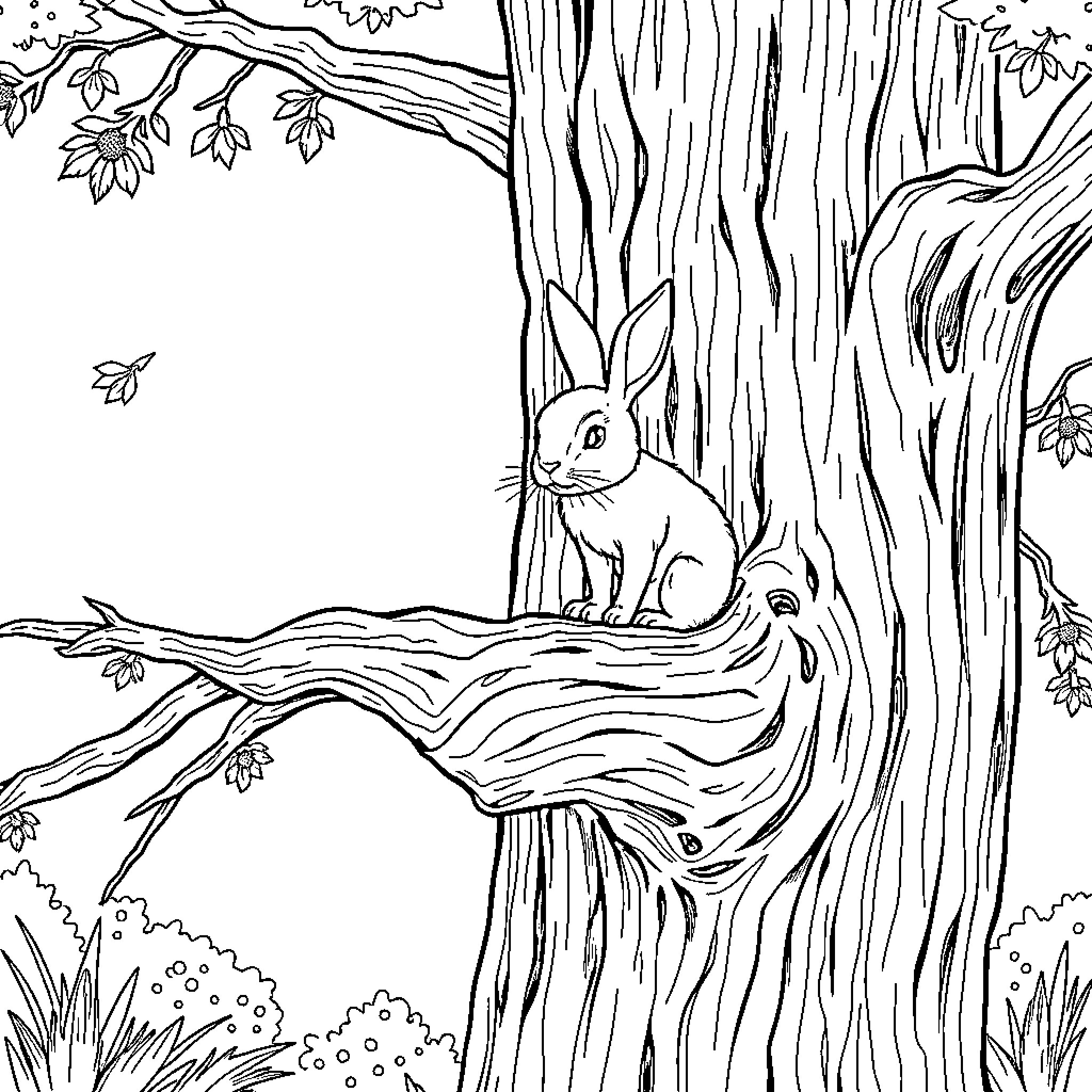 Rabbit in a cozy forest scene Coloring Page (free black-and-white line drawing printable PDF for all, from beginners to advanced learners, including children, teens, adults, and seniors)