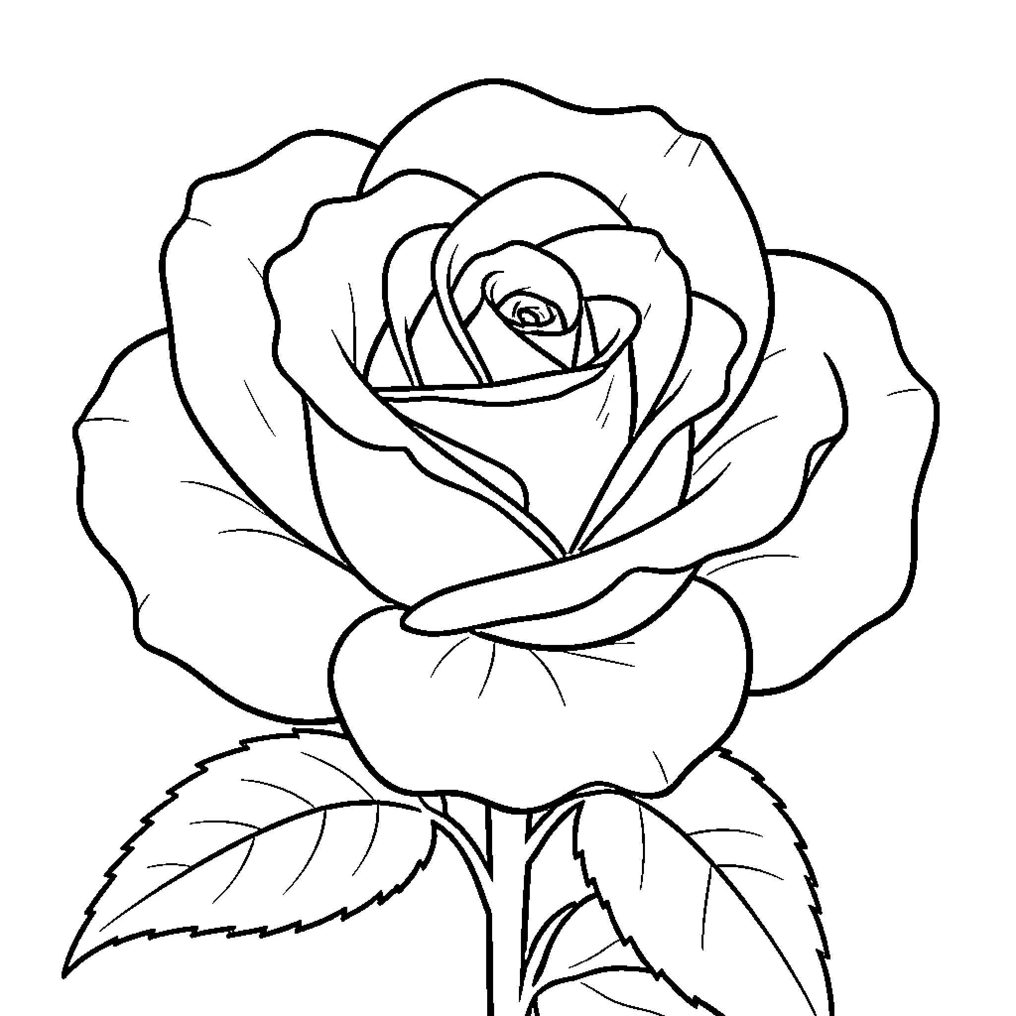 Rose in full bloom with elegant petals Coloring Page (free black-and-white line drawing printable PDF for all, from beginners to advanced learners, including children, teens, adults, and seniors)