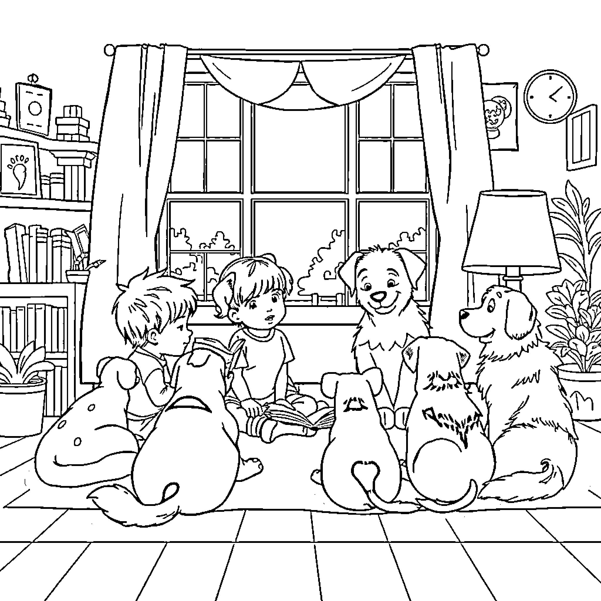 Kids playing with pets in cozy home setting Coloring Page (free black-and-white line drawing printable PDF for all, from beginners to advanced learners, including children, teens, adults, and seniors)