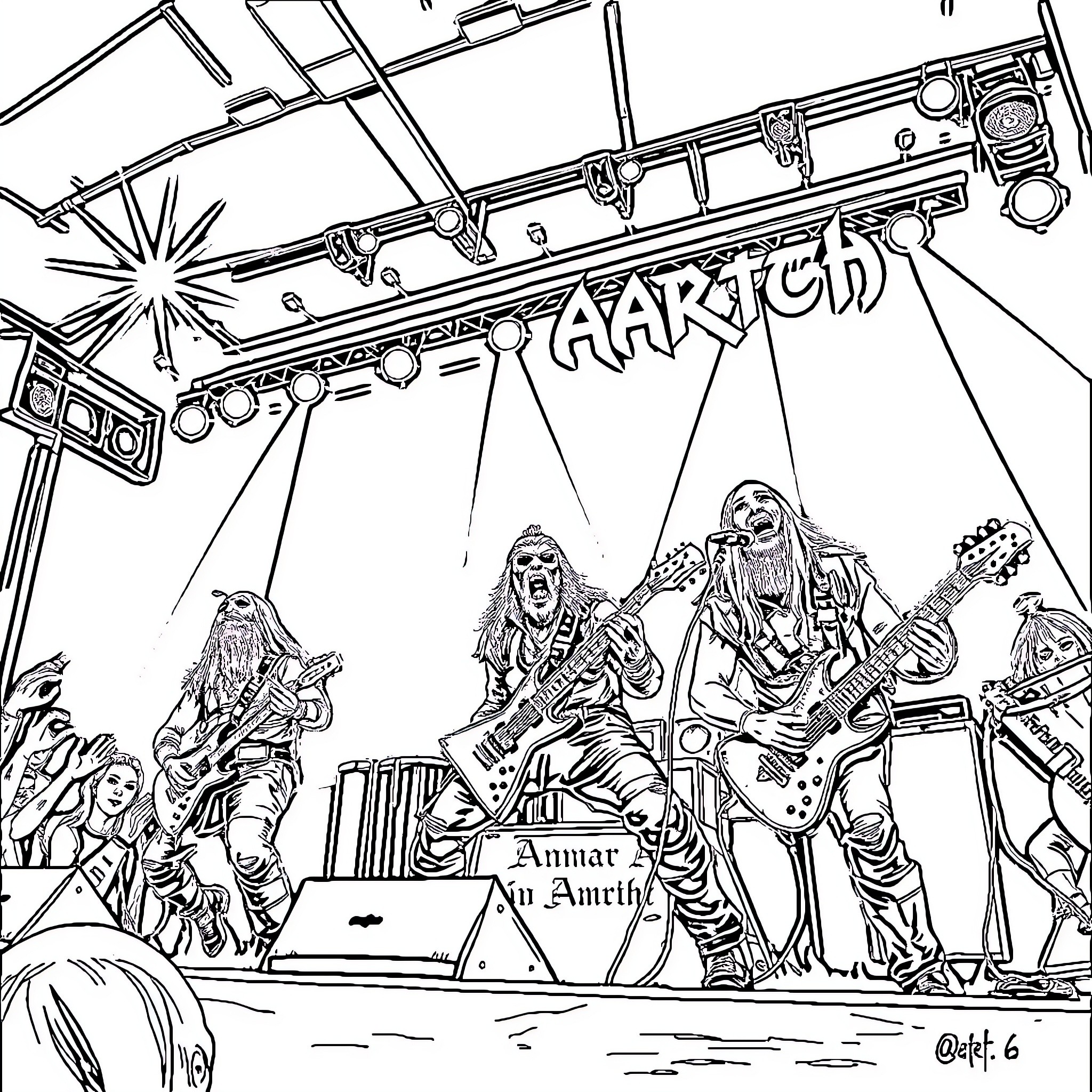 Amon Amarth Band Performing on Stage Coloring Page (free black-and-white line drawing printable PDF for all, from beginners to advanced learners, including children, teens, adults, and seniors)