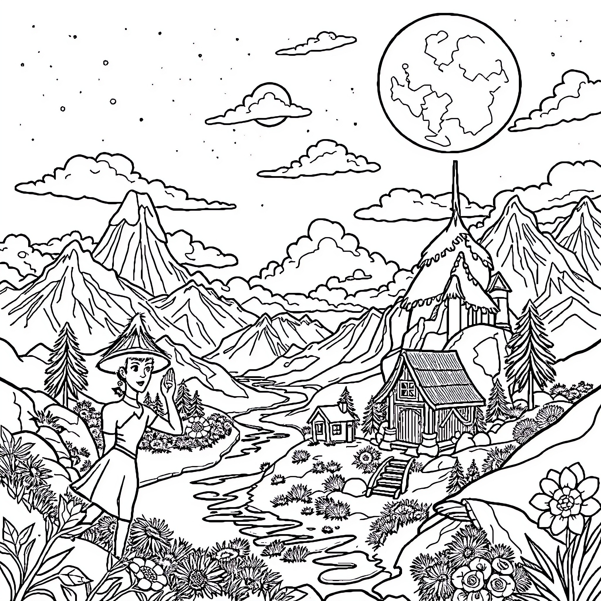 World of Mountainous Landscape and Rustic Cabin Coloring Page (free black-and-white line drawing printable PDF for all, from beginners to advanced learners, including children, teens, adults, and seniors)