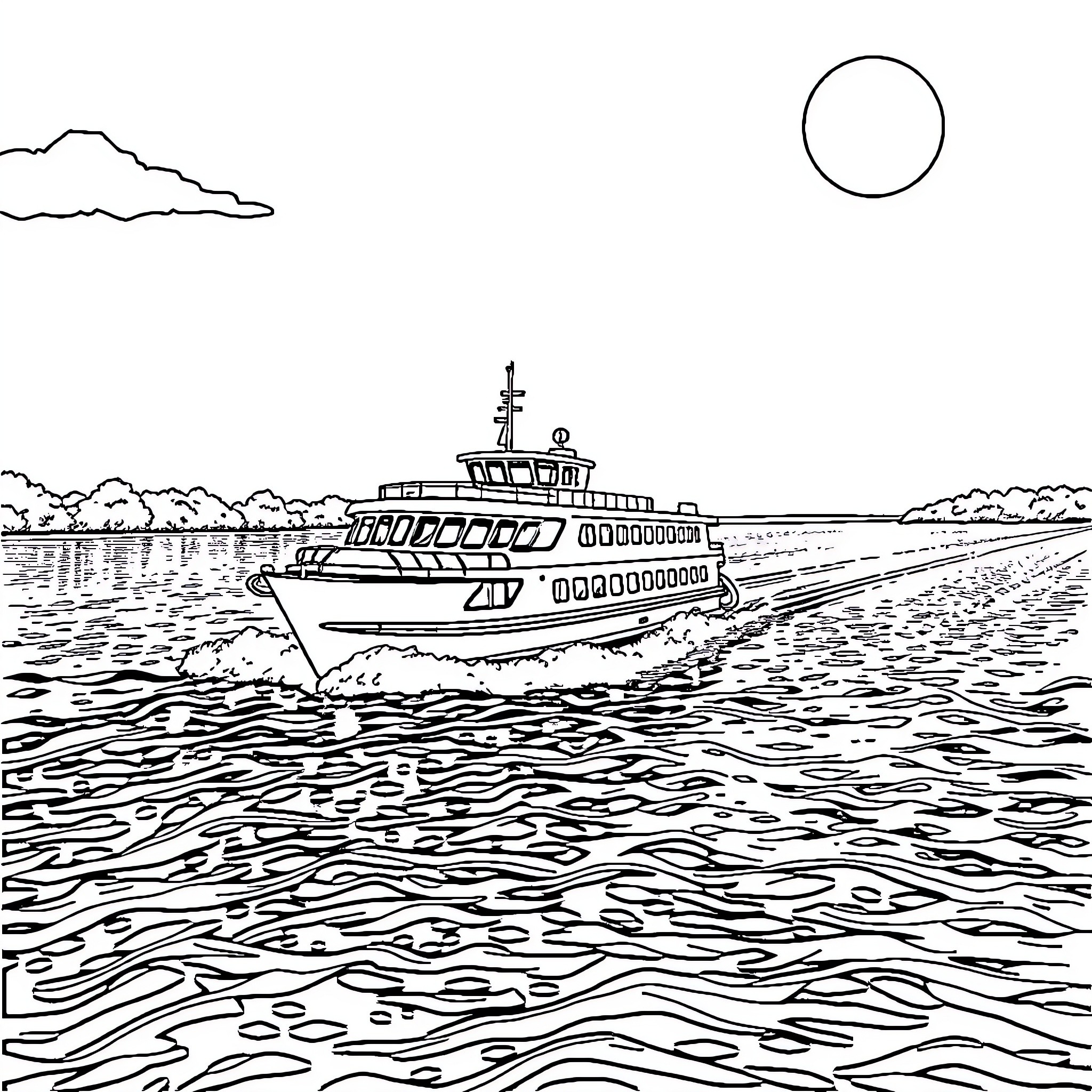 Boat sailing on the open sea Coloring Page (free black-and-white line drawing printable PDF for all, from beginners to advanced learners, including children, teens, adults, and seniors)