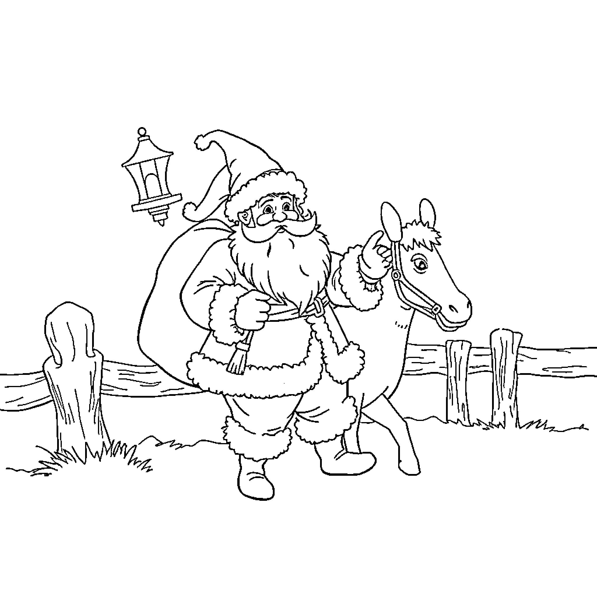 Sinterklaas riding a horse with a lantern Coloring Page (free black-and-white line drawing printable PDF for all, from beginners to advanced learners, including children, teens, adults, and seniors)