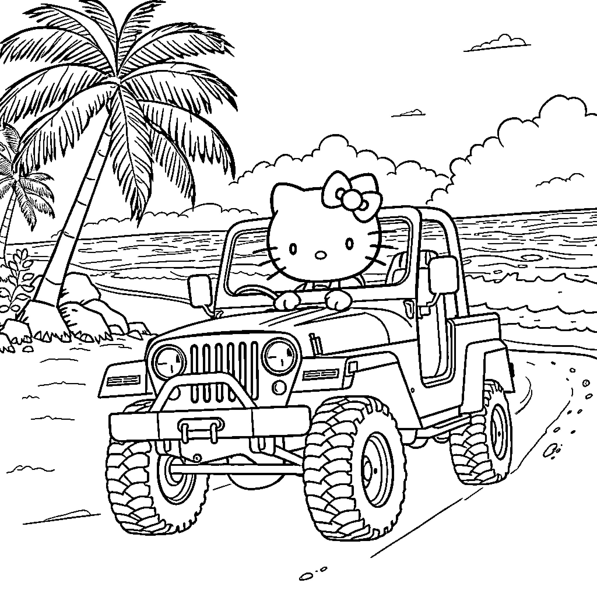 Hello Kitty riding a jeep on the beach Coloring Page (free black-and-white line drawing printable PDF for all, from beginners to advanced learners, including children, teens, adults, and seniors)