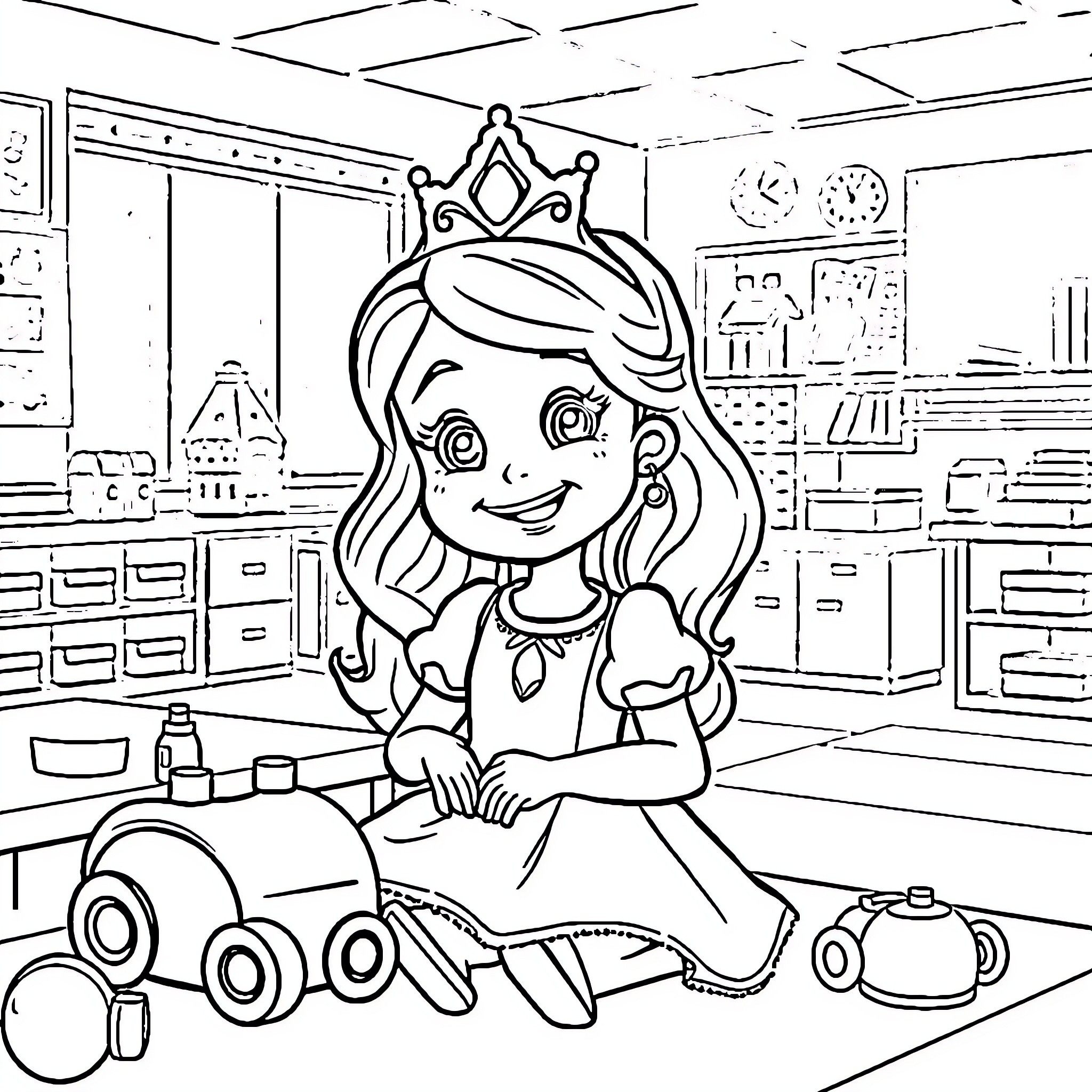 Princess playing with toys in the kitchen Coloring Page (free black-and-white line drawing printable PDF for all, from beginners to advanced learners, including children, teens, adults, and seniors)