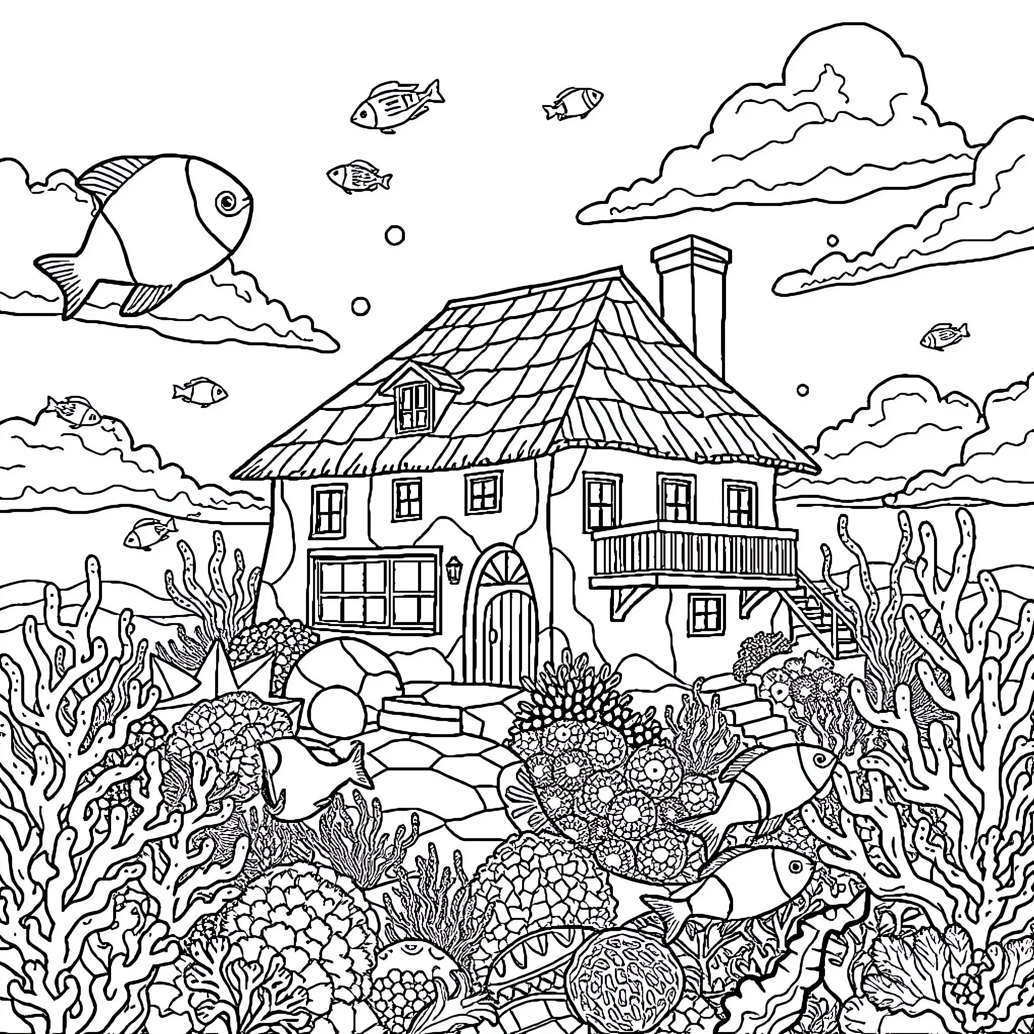 House by the Tranquil Underwater Landscape Coloring Page (free black-and-white line drawing printable PDF for all, from beginners to advanced learners, including children, teens, adults, and seniors)