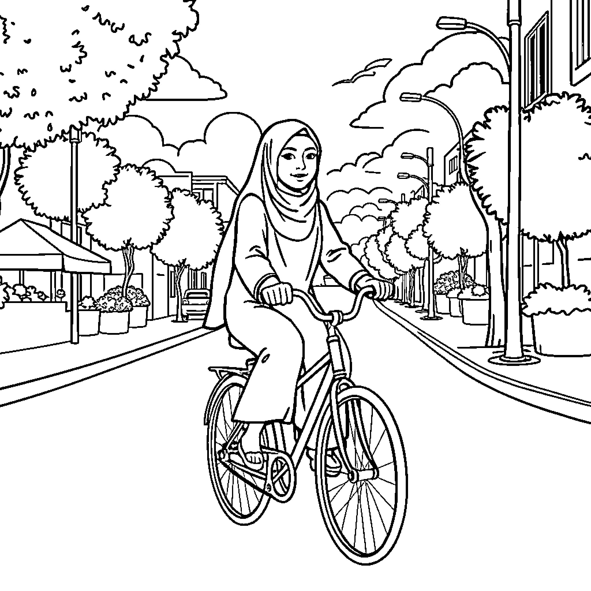 Hijabi woman cycling through a vibrant urban landscape Coloring Page (free black-and-white line drawing printable PDF for all, from beginners to advanced learners, including children, teens, adults, and seniors)