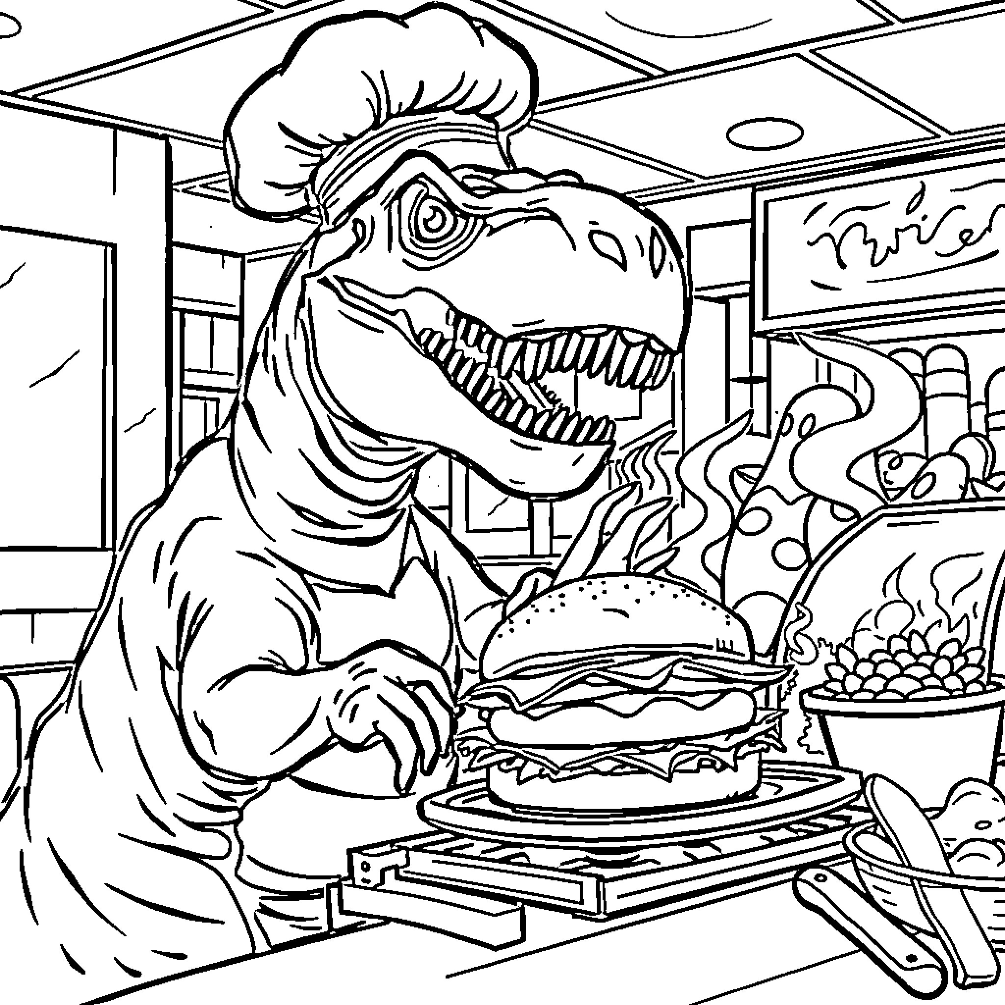 Dinosaur Chef Cooking Delicious Meal in Kitchen Coloring Page (free black-and-white line drawing printable PDF for all, from beginners to advanced learners, including children, teens, adults, and seniors)