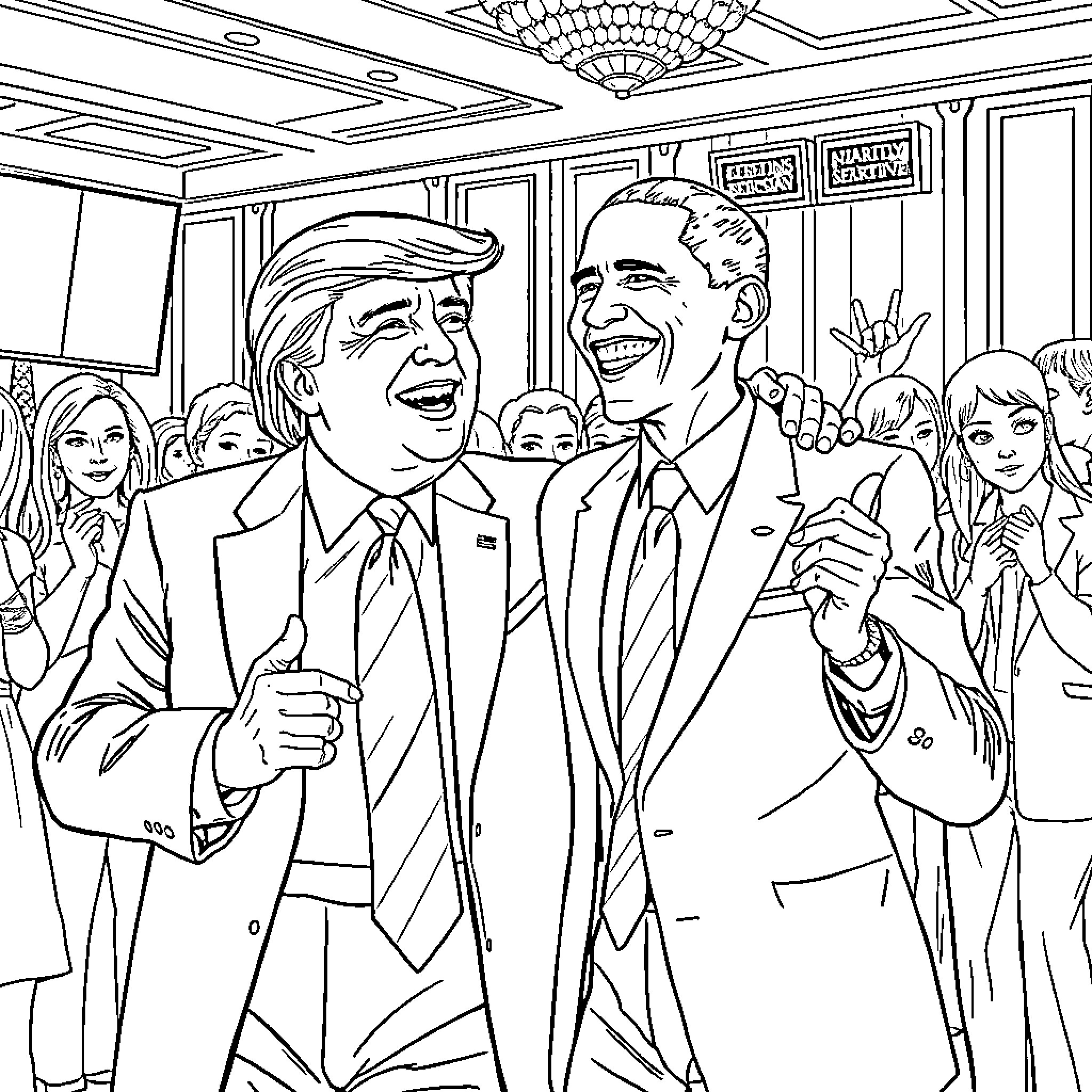 Trump and Obama Sharing a Moment in Politics Coloring Page (free black-and-white line drawing printable PDF for all, from beginners to advanced learners, including children, teens, adults, and seniors)