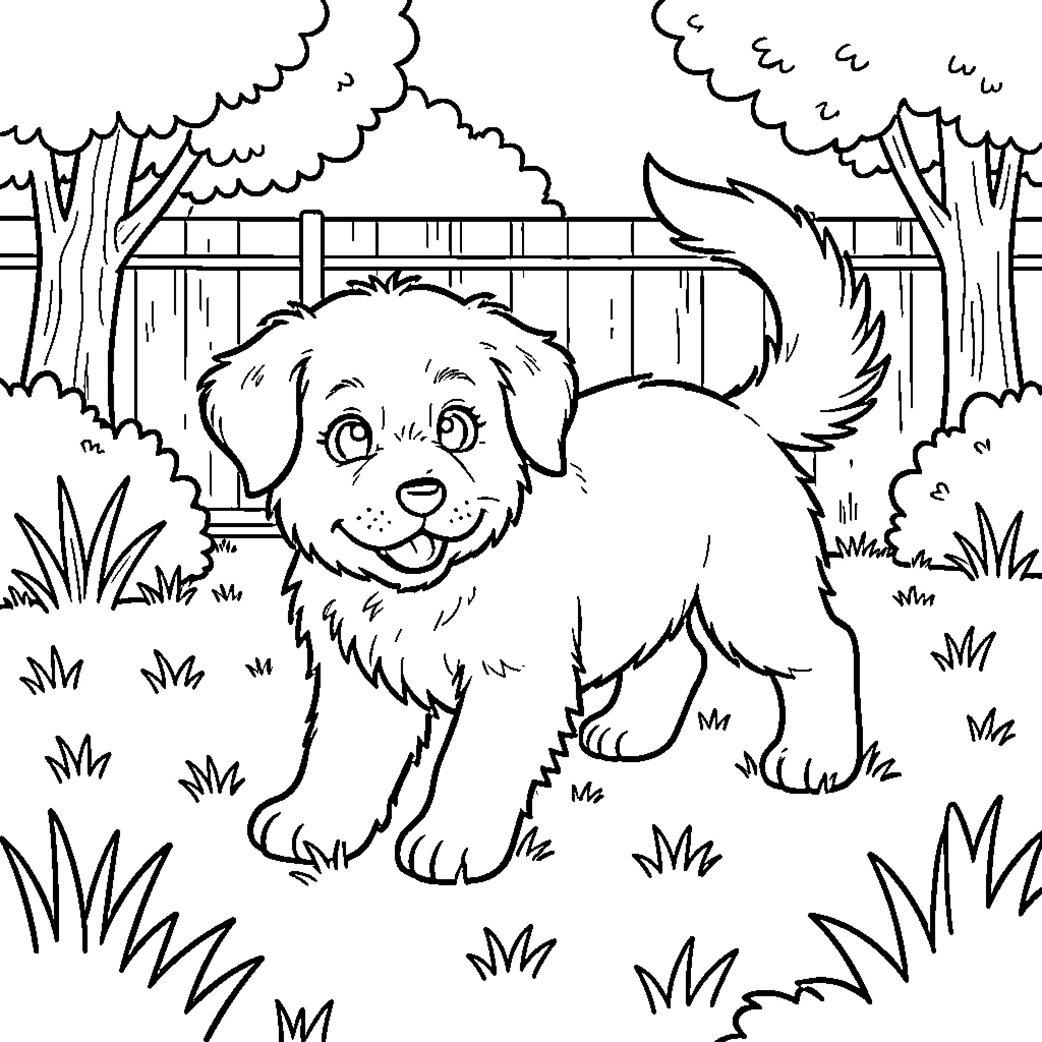 Burmese Mountain Dog puppy playing happily in a yard Coloring Page (free black-and-white line drawing printable PDF for all, from beginners to advanced learners, including children, teens, adults, and seniors)