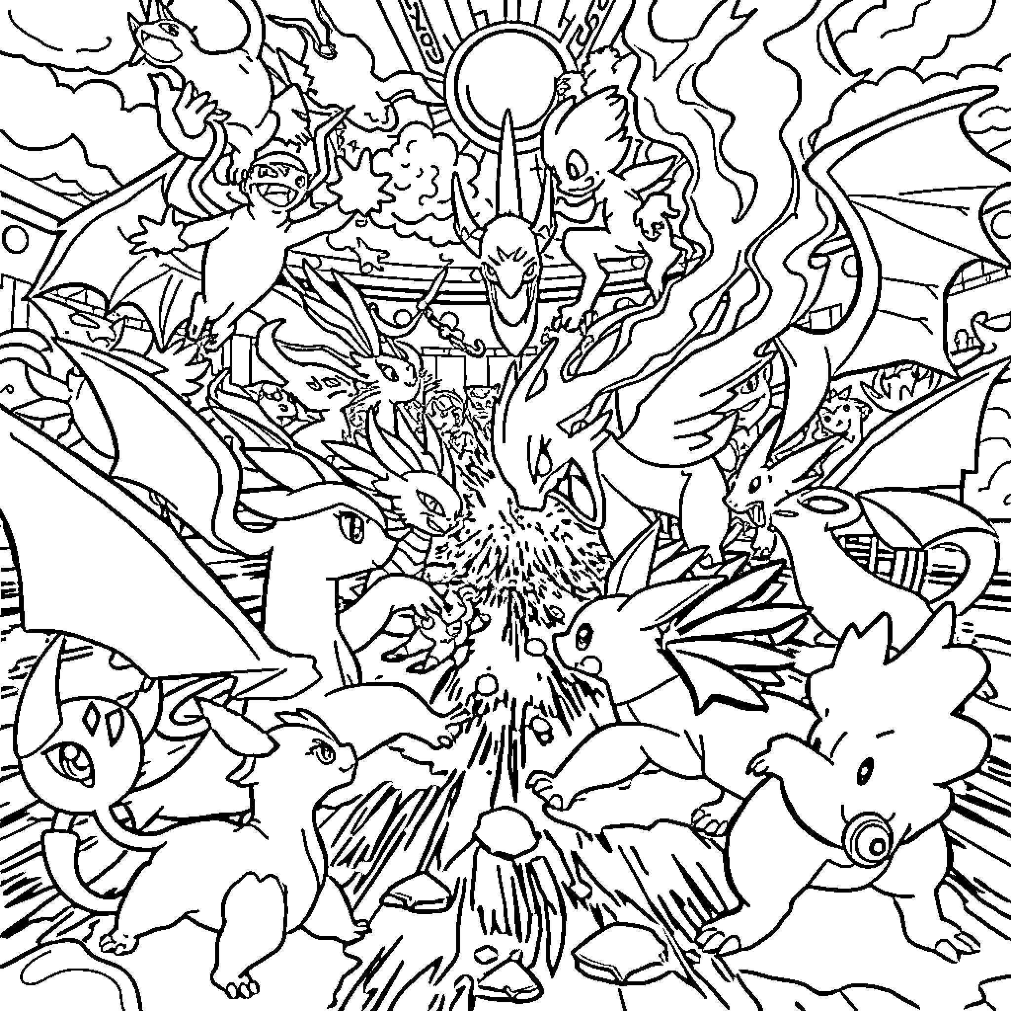 Pokémon Whimsical Creatures in Vibrant Chaos Coloring Page (free black-and-white line drawing printable PDF for all, from beginners to advanced learners, including children, teens, adults, and seniors)