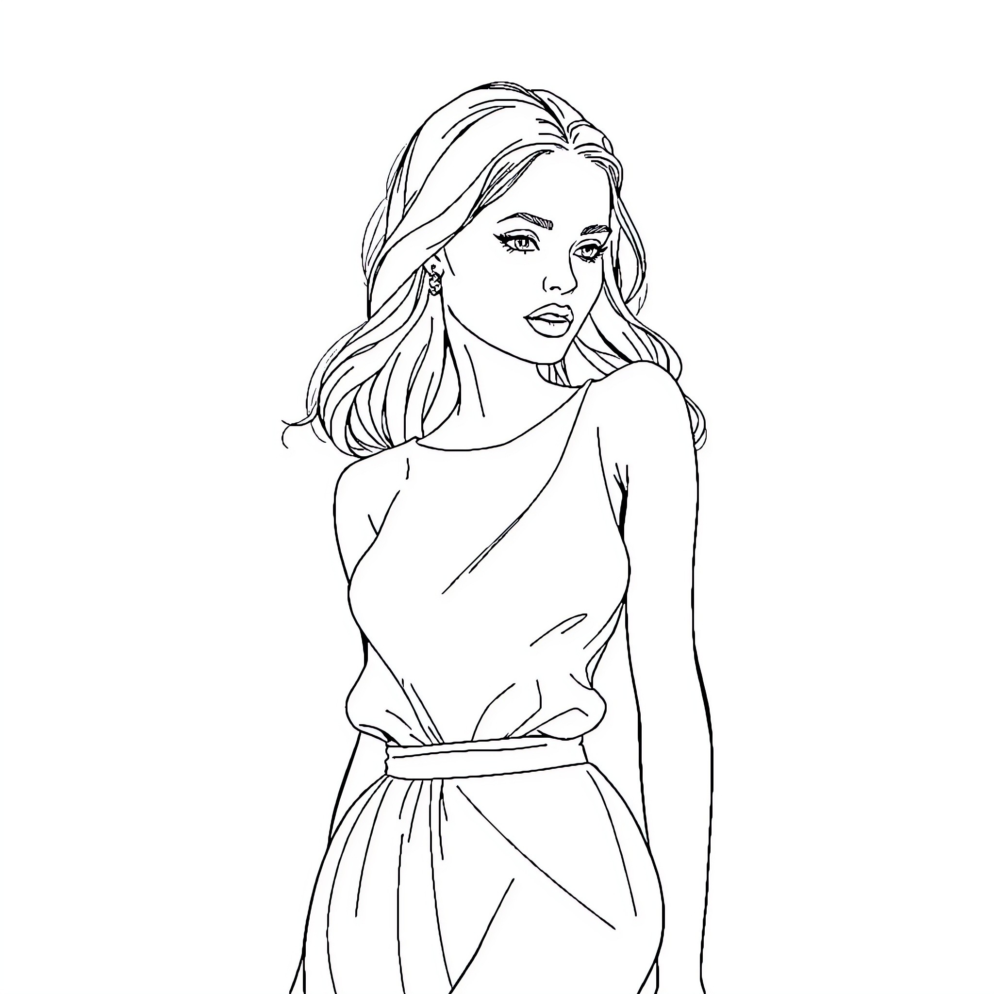Model in Thoughtful Pose Coloring Page (free black-and-white line drawing printable PDF for all, from beginners to advanced learners, including children, teens, adults, and seniors)
