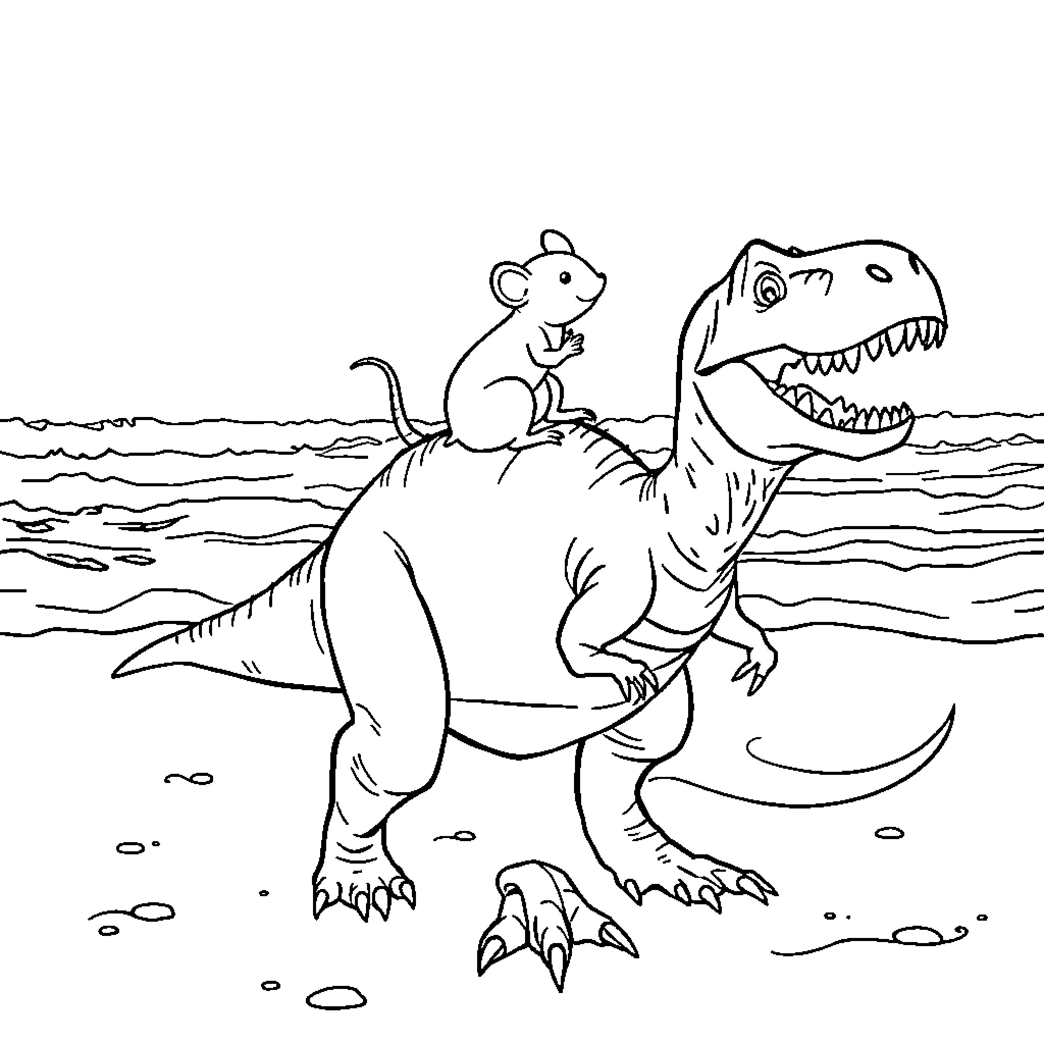 Mouse riding playfully on a dinosaur Coloring Page (free black-and-white line drawing printable PDF for all, from beginners to advanced learners, including children, teens, adults, and seniors)