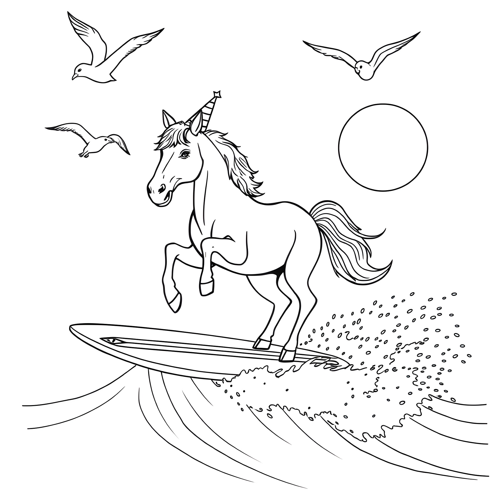 Horse surfing with seagulls in the ocean Coloring Page (free black-and-white line drawing printable PDF for all, from beginners to advanced learners, including children, teens, adults, and seniors)