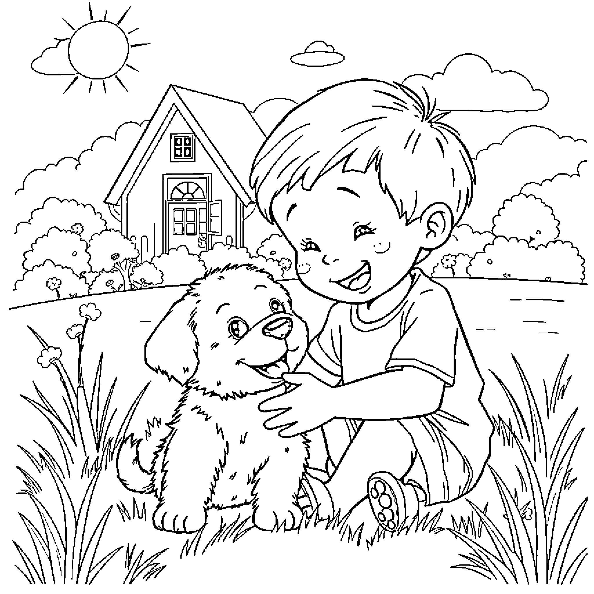 Toddler playing with friendly puppy outside Coloring Page (free black-and-white line drawing printable PDF for all, from beginners to advanced learners, including children, teens, adults, and seniors)