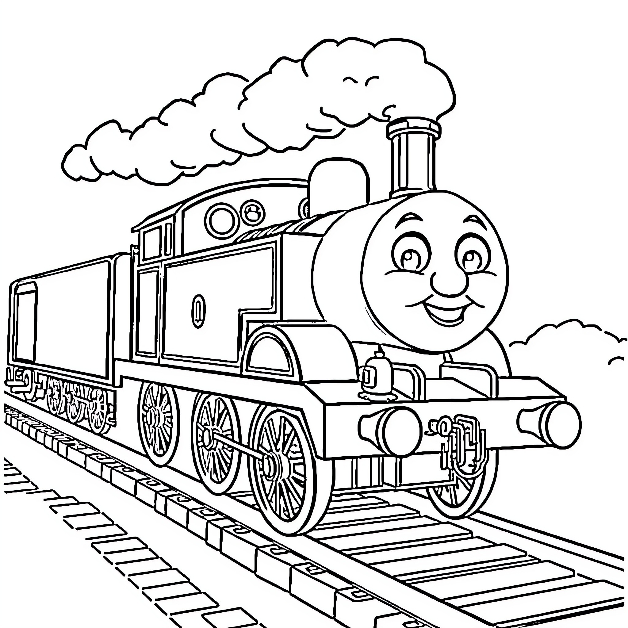 Thomas the Tank Engine happy on railway tracks Coloring Page (free black-and-white line drawing printable PDF for all, from beginners to advanced learners, including children, teens, adults, and seniors)