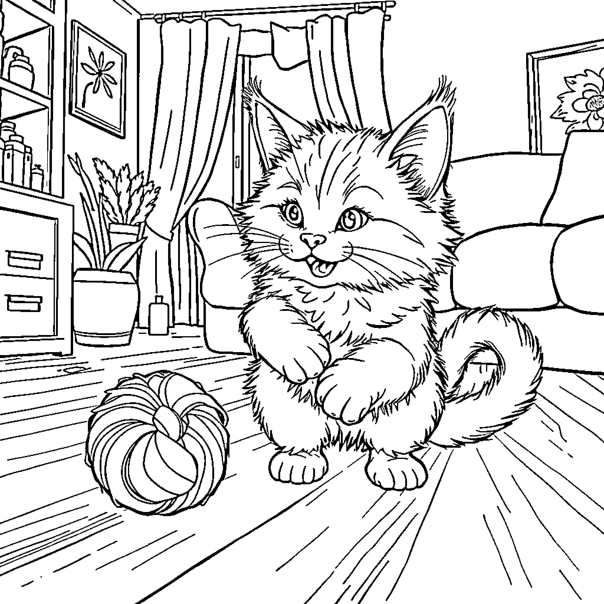 Cat playing with a toy in cozy indoor setting Coloring Page (free black-and-white line drawing printable PDF for all, from beginners to advanced learners, including children, teens, adults, and seniors)