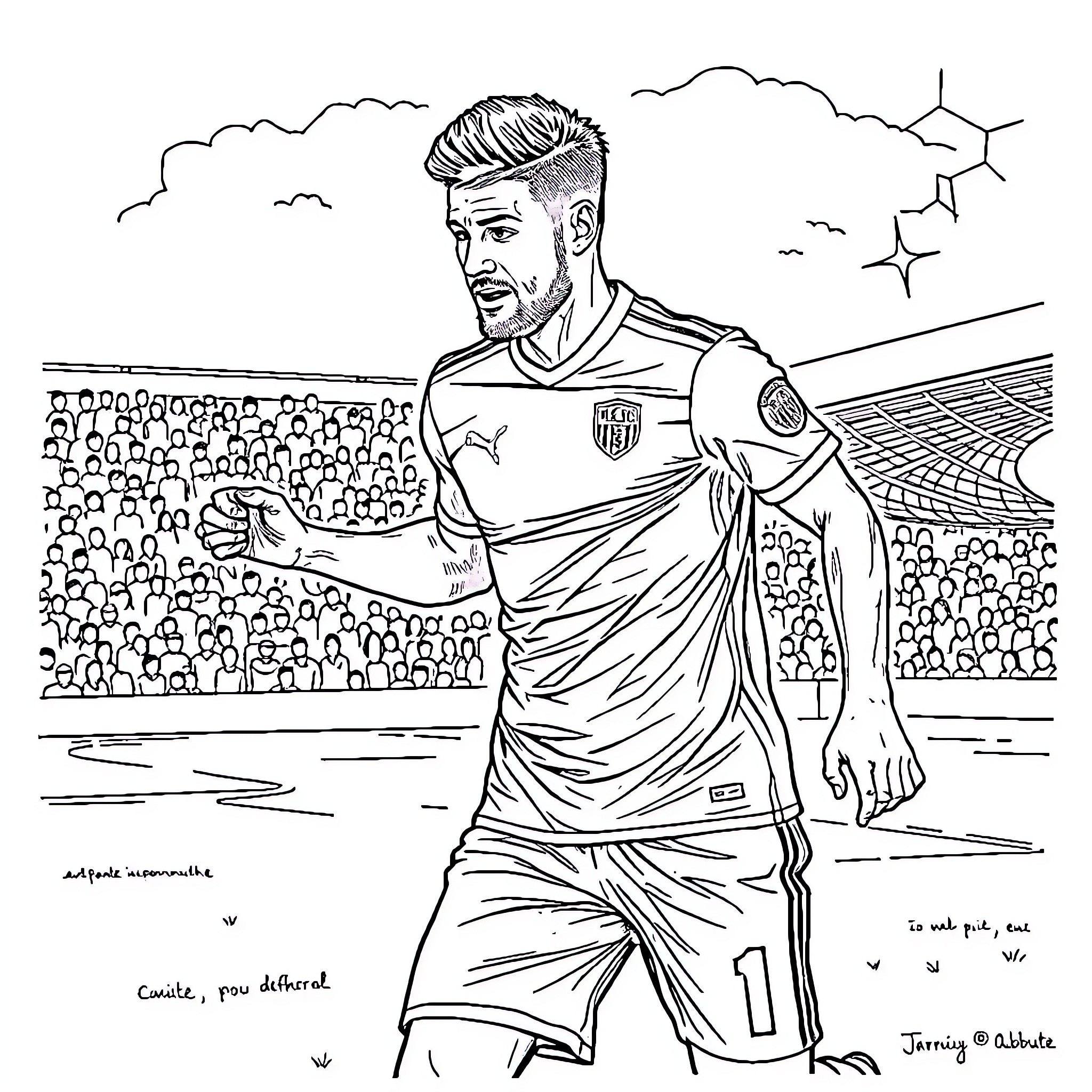 Player celebrating goal on the field Coloring Page (free black-and-white line drawing printable PDF for all, from beginners to advanced learners, including children, teens, adults, and seniors)