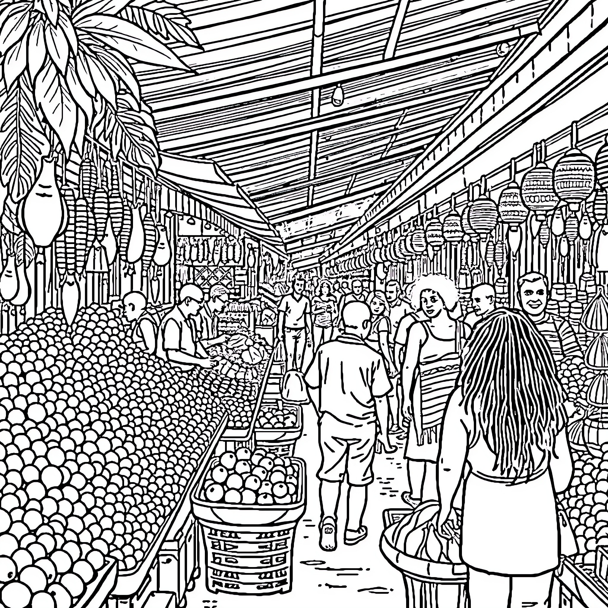 Market of bustling activity and diverse offerings Coloring Page (free black-and-white line drawing printable PDF for all, from beginners to advanced learners, including children, teens, adults, and seniors)