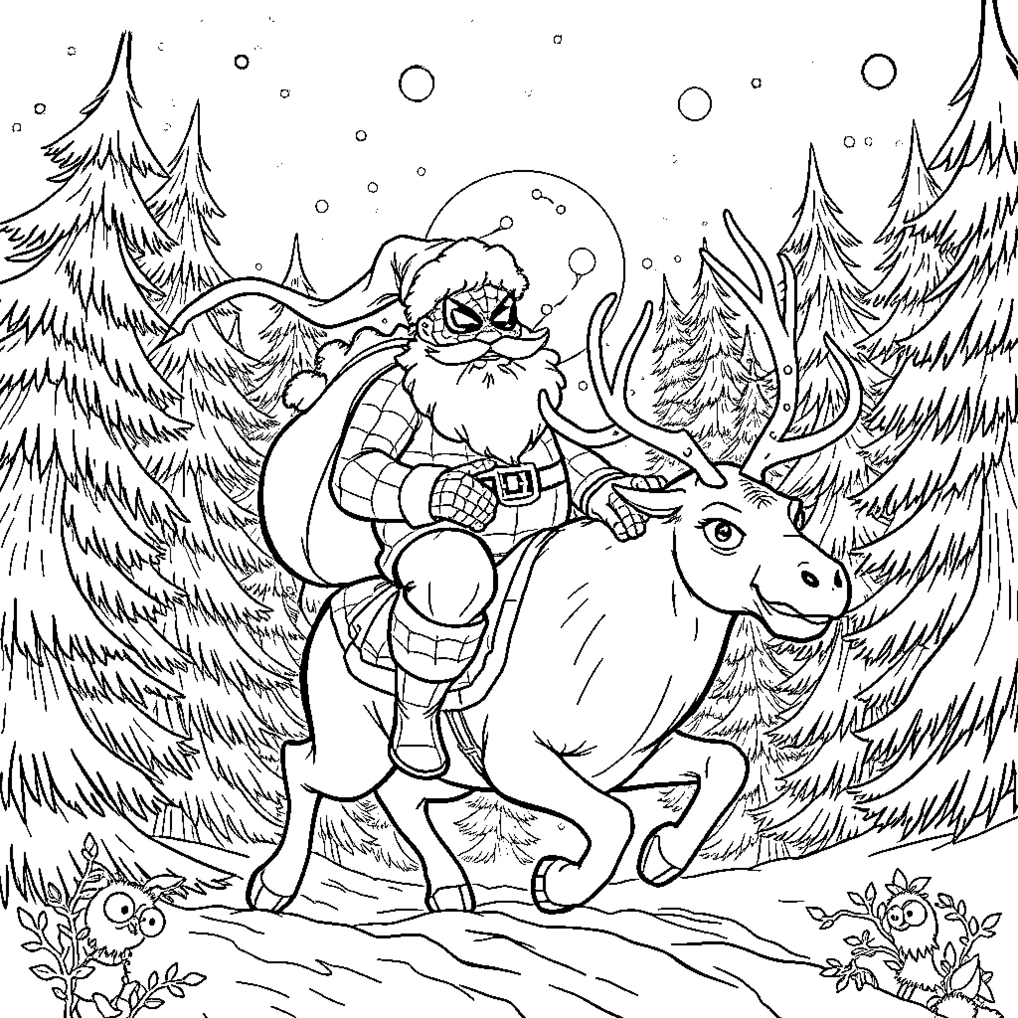 Spider-Man riding a reindeer through a snowy forest Coloring Page (free black-and-white line drawing printable PDF for all, from beginners to advanced learners, including children, teens, adults, and seniors)